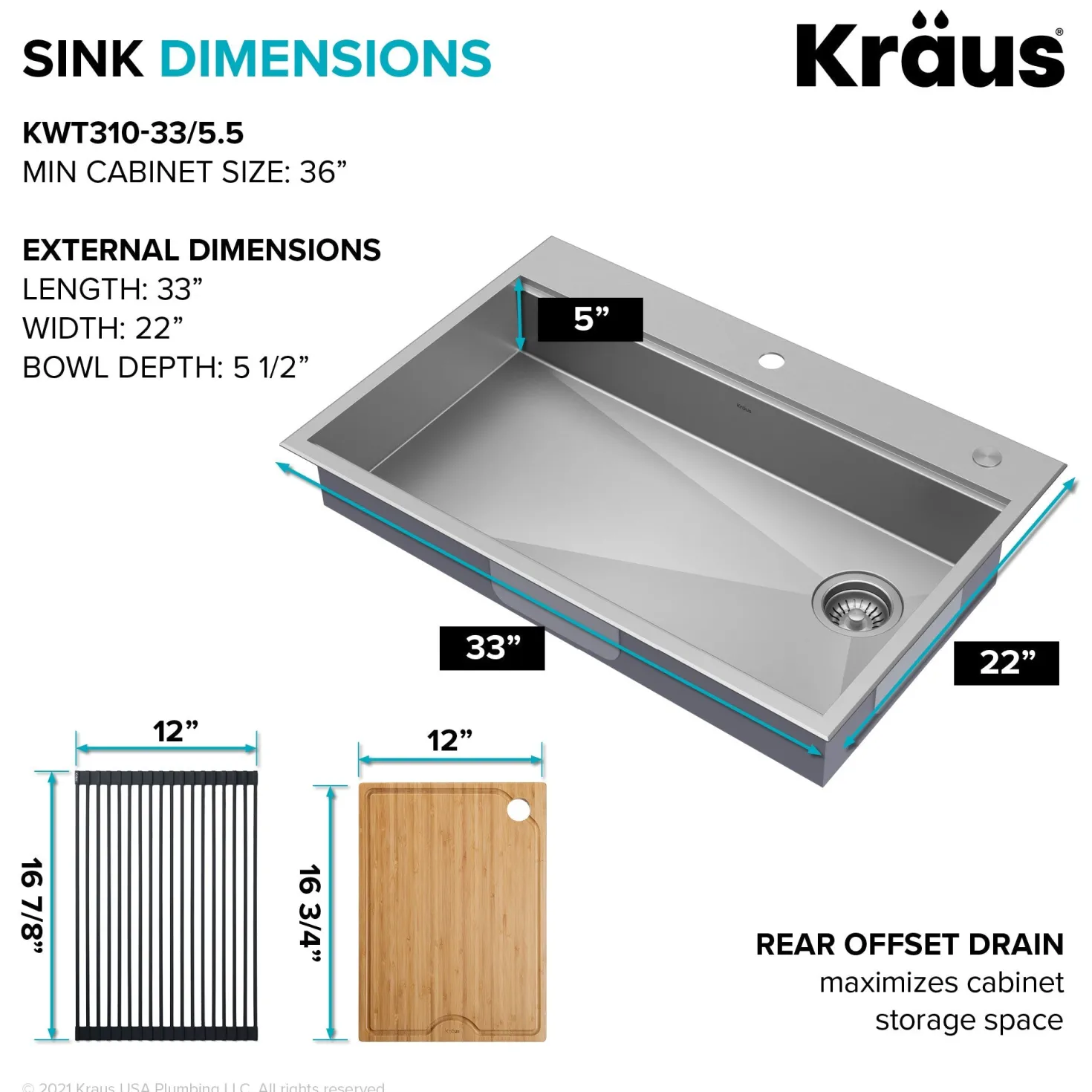 KRAUS Kore Workstation 33" Drop-In 16 Gauge 5.5" Deep Single Bowl ADA Kitchen Sink