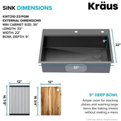 KRAUS Kore Workstation 33" Drop-In 16 Gauge Single Bowl Kitchen Sink in PVD Gunmetal
