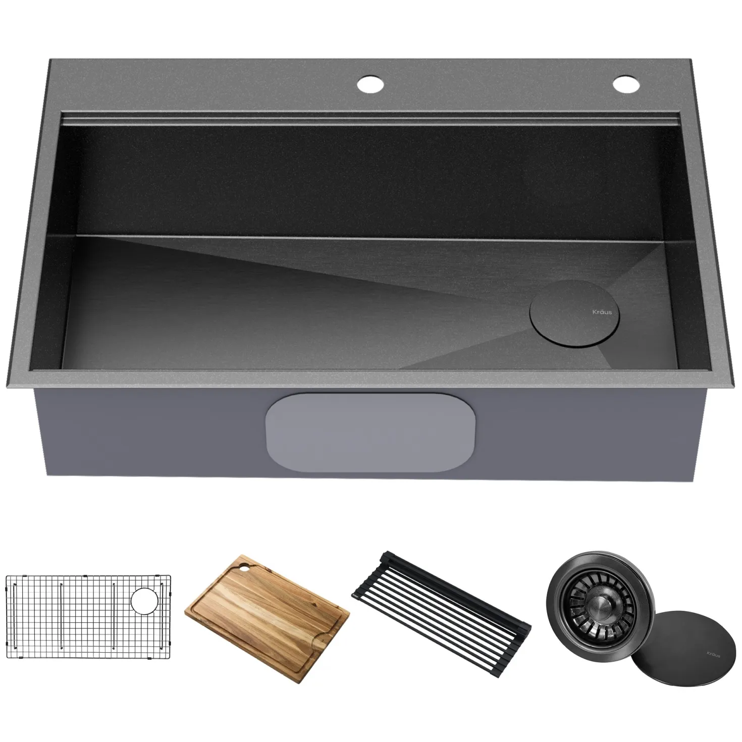 KRAUS Kore Workstation 33" Drop-In 16 Gauge Single Bowl Kitchen Sink in PVD Gunmetal