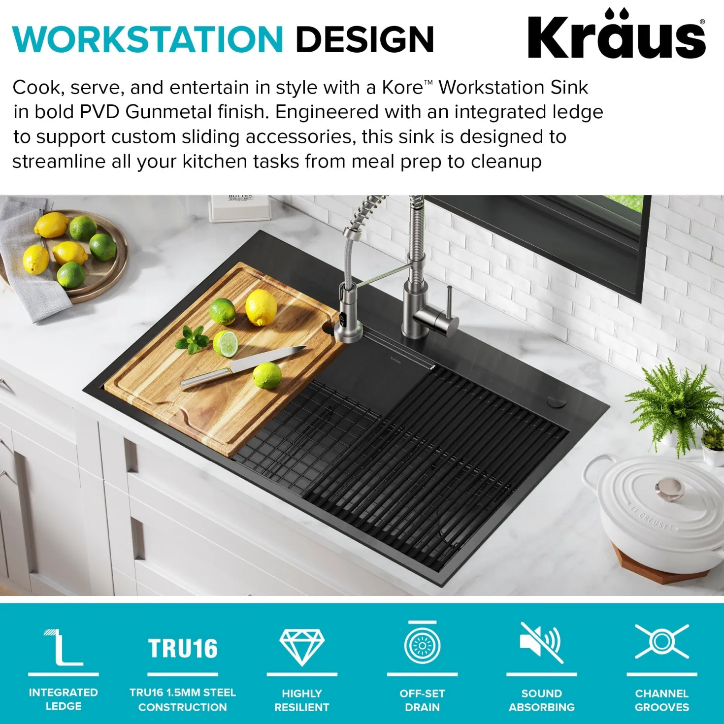 KRAUS Kore Workstation 33" Drop-In 16 Gauge Single Bowl Kitchen Sink in PVD Gunmetal