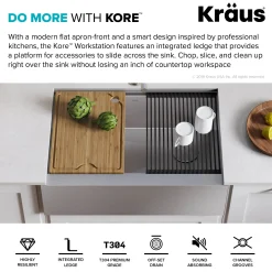 KRAUS Kore Workstation 30" Farmhouse Flat Apron Front 16 Gauge Single Bowl Stainless Steel Kitchen Sink
