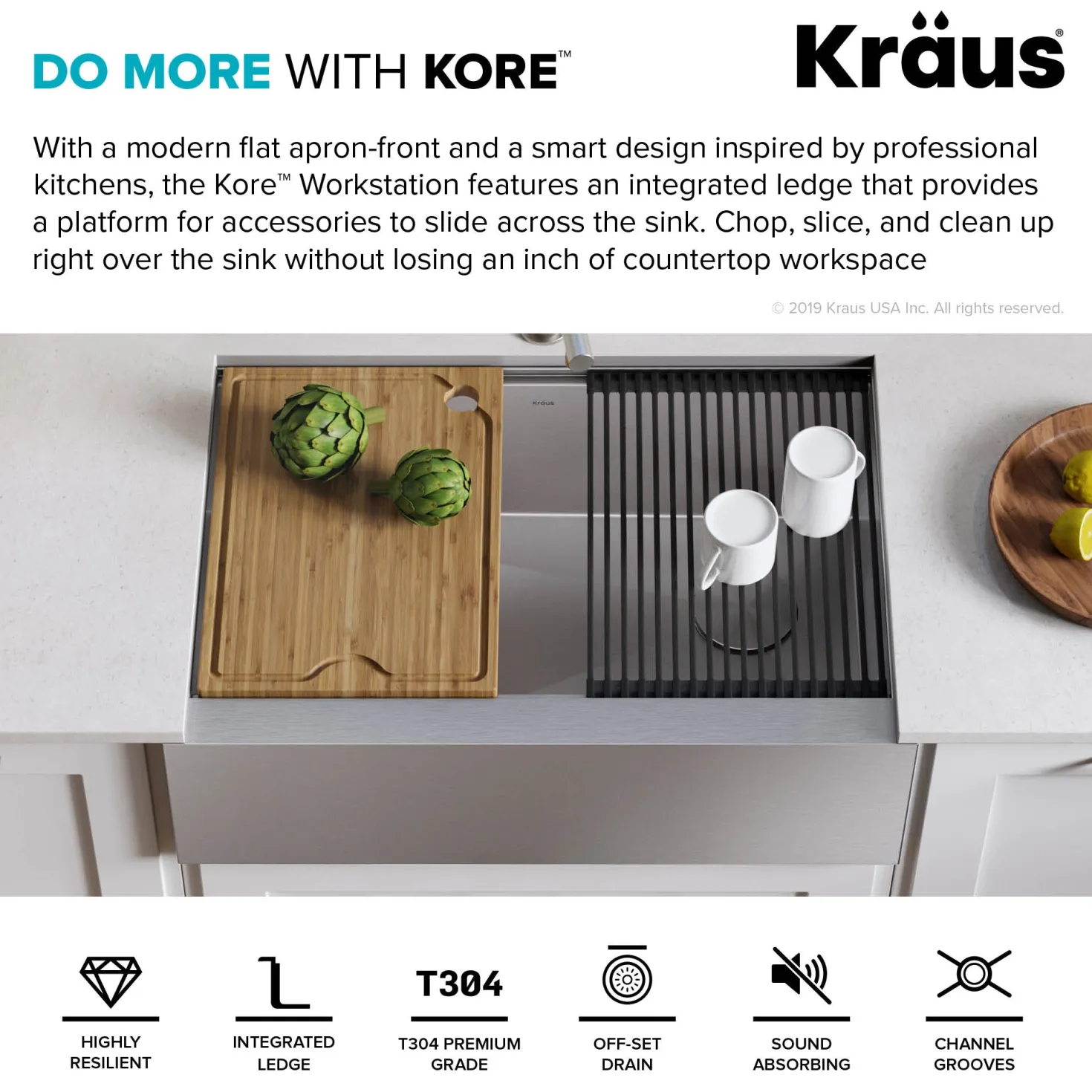 KRAUS Kore Workstation 30" Farmhouse Flat Apron Front 16 Gauge Single Bowl Stainless Steel Kitchen Sink