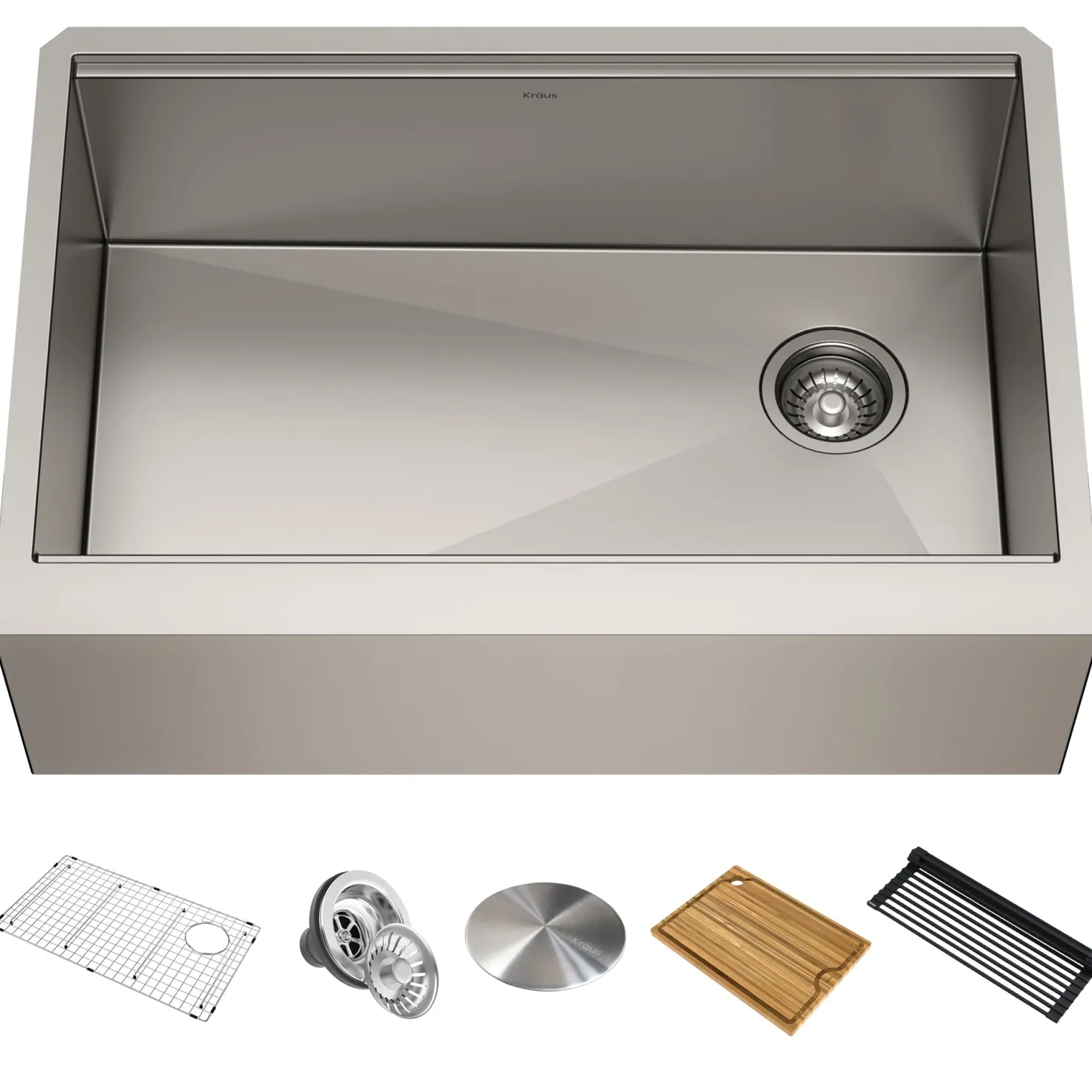 KRAUS Kore Workstation 30" Farmhouse Flat Apron Front 16 Gauge Single Bowl Stainless Steel Kitchen Sink