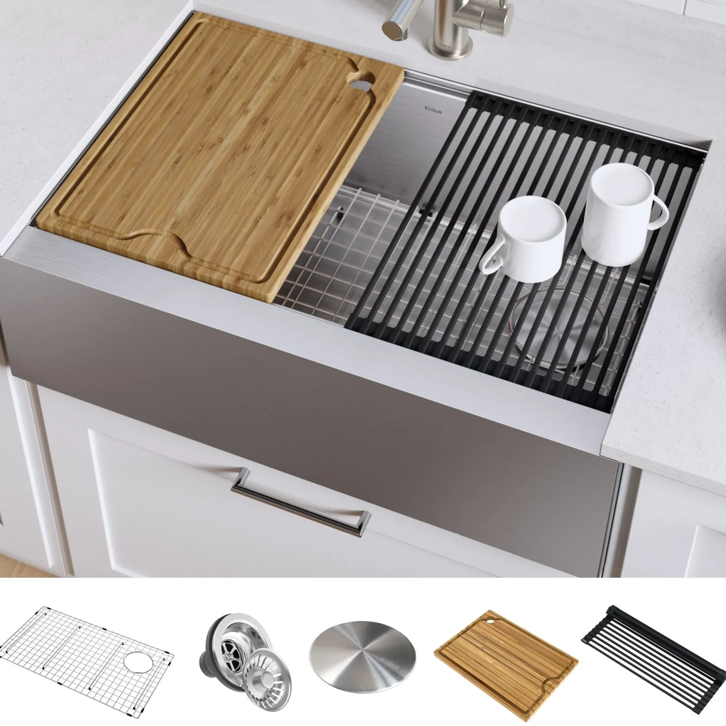KRAUS Kore Workstation 30" Farmhouse Flat Apron Front 16 Gauge Single Bowl Stainless Steel Kitchen Sink
