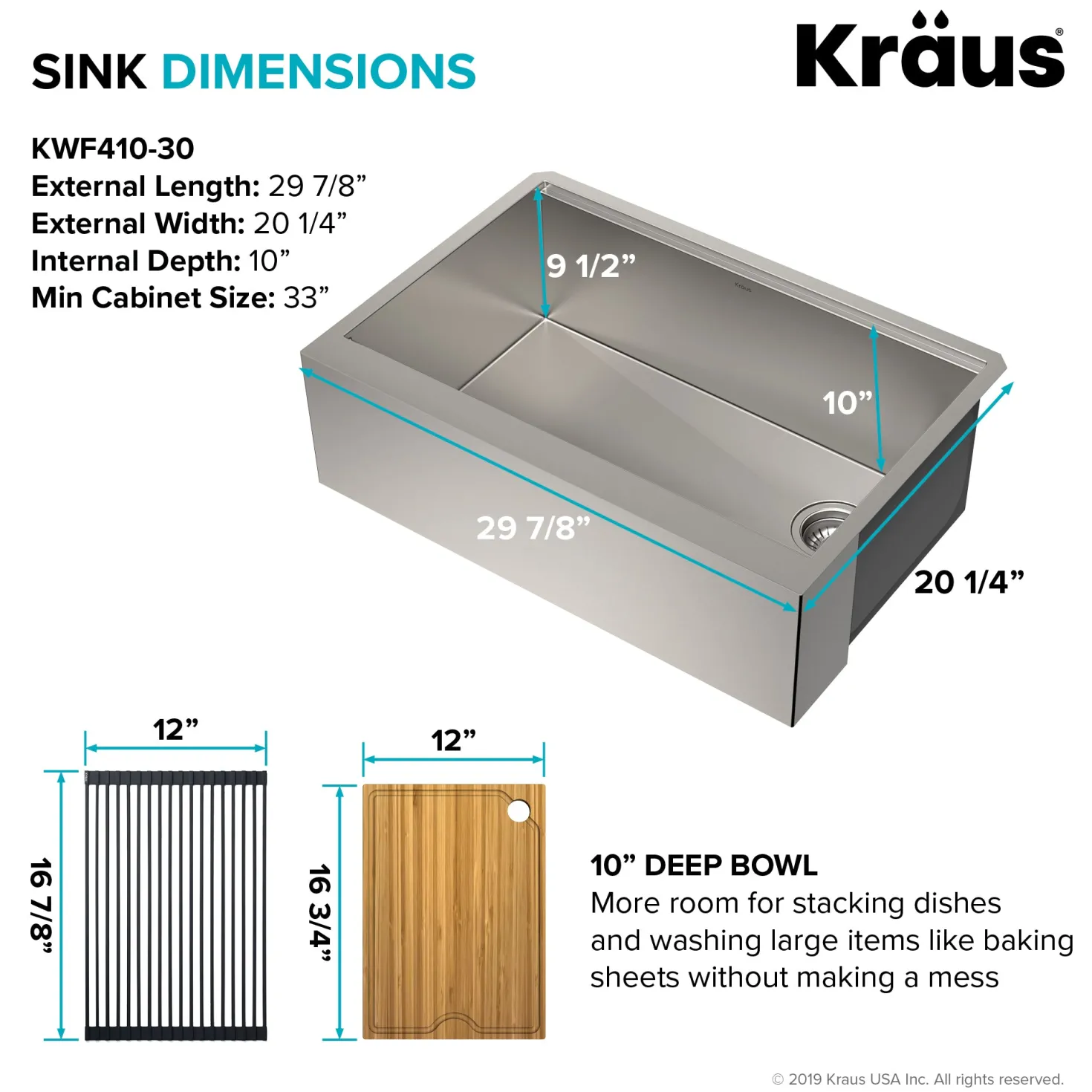 KRAUS Kore Workstation 30" Farmhouse Flat Apron Front 16 Gauge Single Bowl Stainless Steel Kitchen Sink