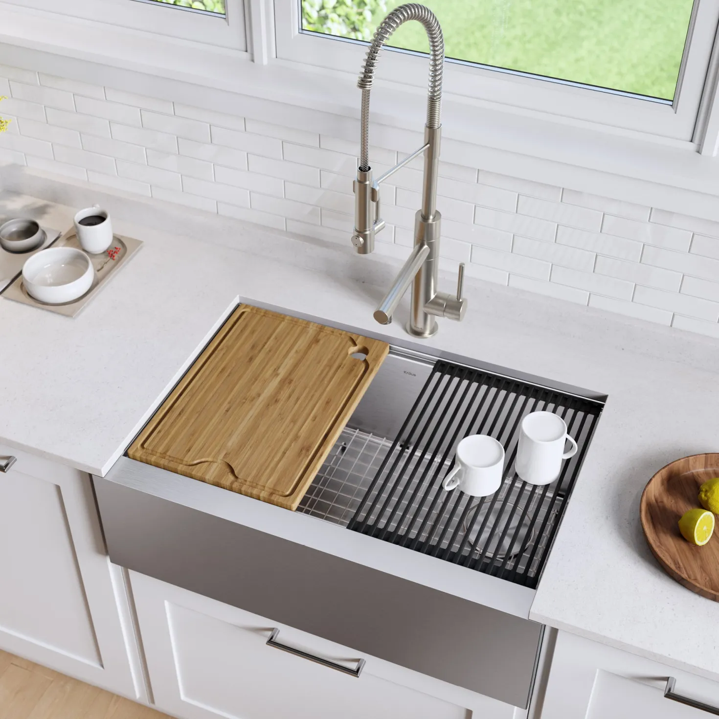 KRAUS Kore Workstation 30" Farmhouse Flat Apron Front 16 Gauge Single Bowl Stainless Steel Kitchen Sink