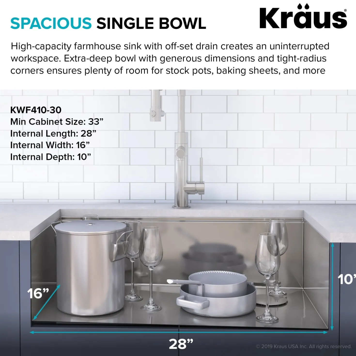 KRAUS Kore Workstation 30" Farmhouse Flat Apron Front 16 Gauge Single Bowl Stainless Steel Kitchen Sink
