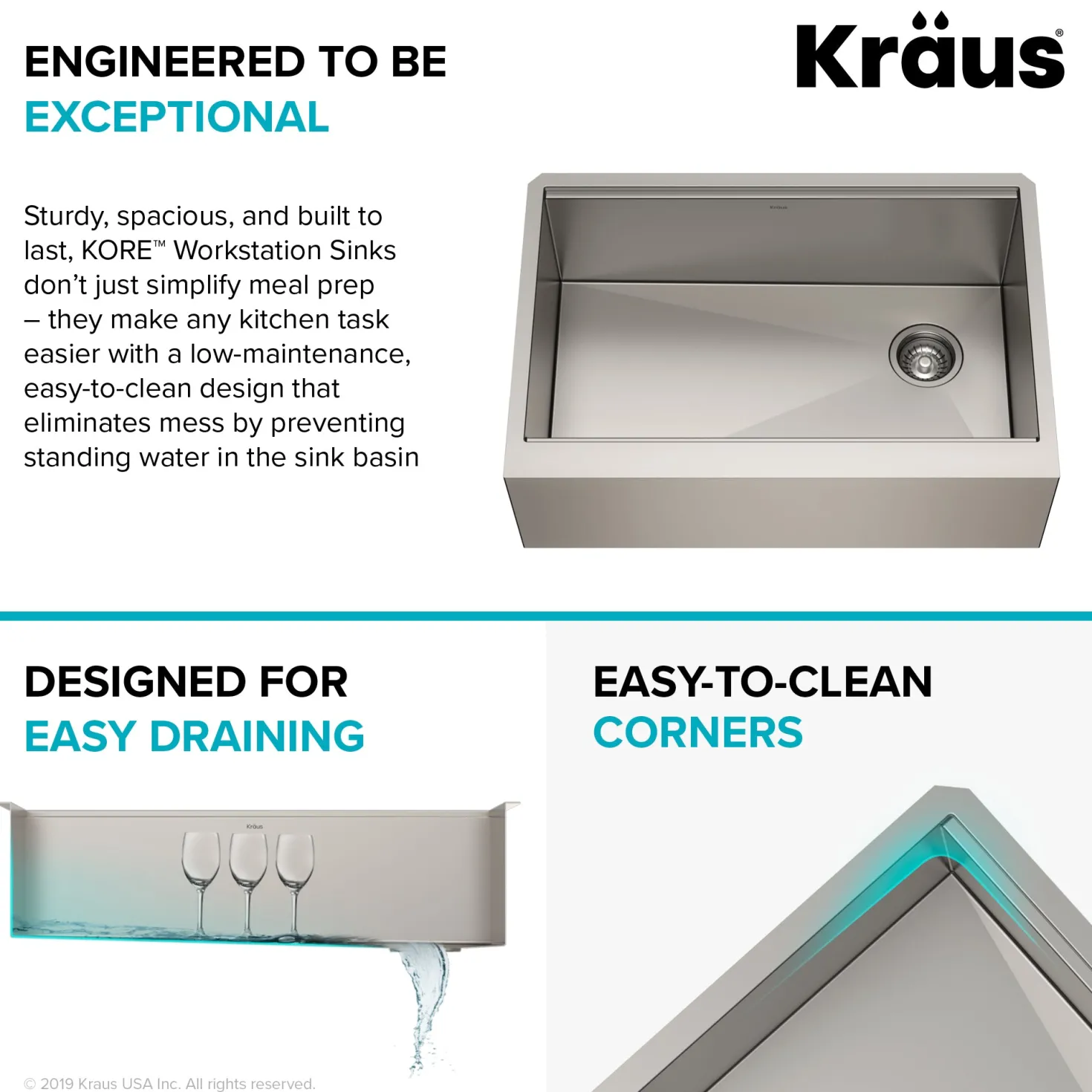 KRAUS Kore Workstation 30" Farmhouse Flat Apron Front 16 Gauge Single Bowl Stainless Steel Kitchen Sink