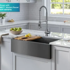KRAUS Kore Workstation 33" Farmhouse Apron Front 16 Gauge Single Bowl Kitchen Sink in PVD Gunmetal