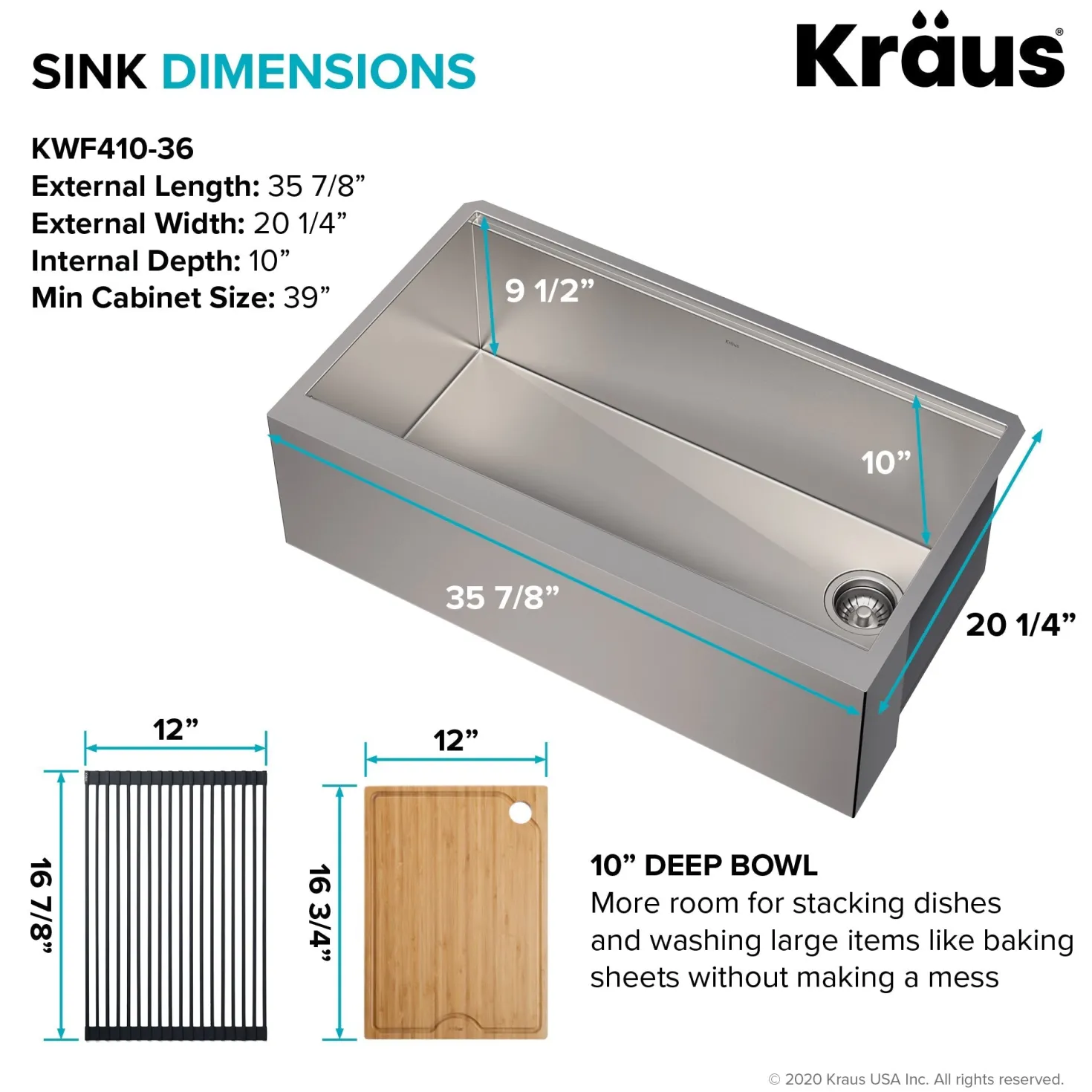 KRAUS Kore Workstation 36" Farmhouse Flat Apron Front 16 Gauge Single Bowl Stainless Steel Kitchen Sink with Accessories