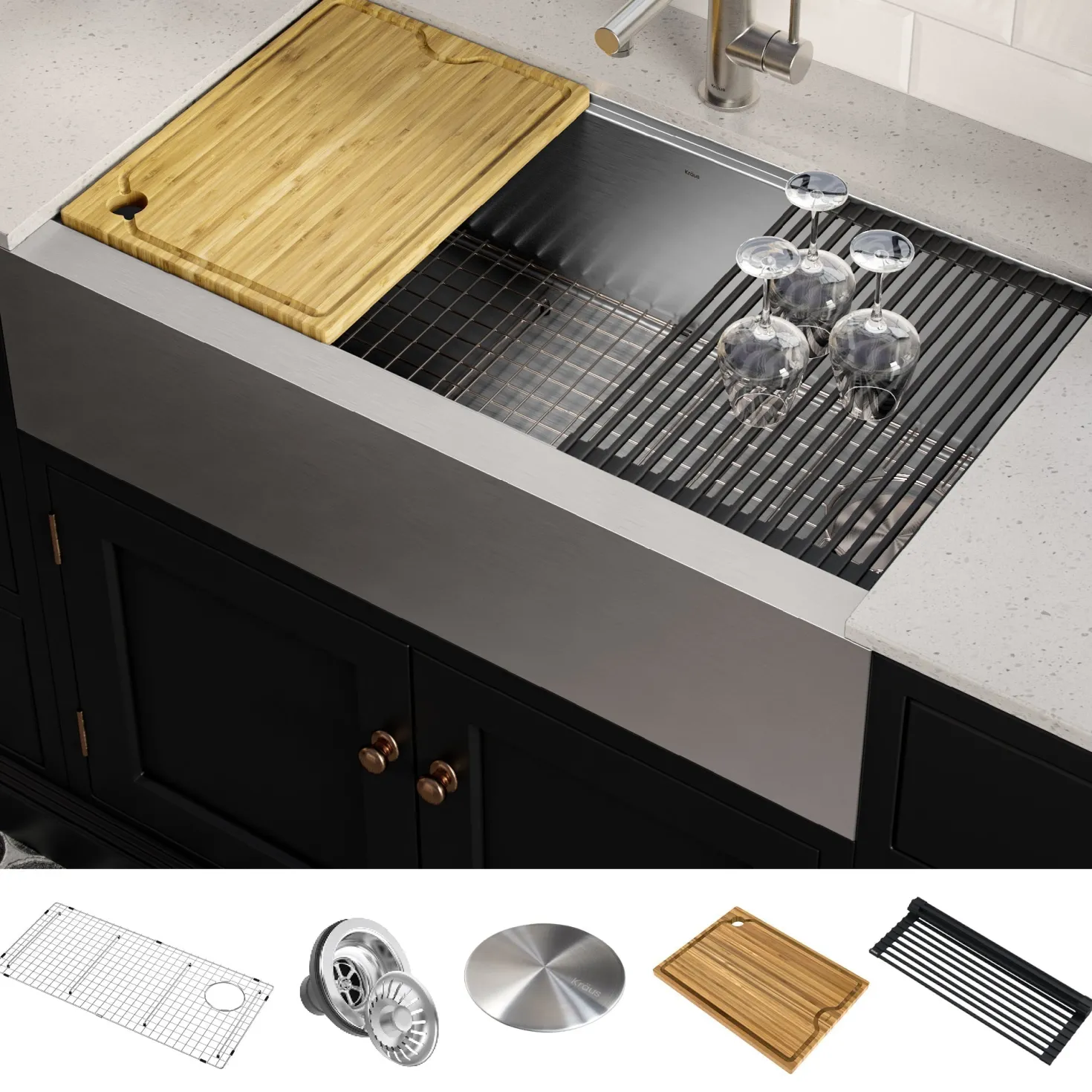 KRAUS Kore Workstation 36" Farmhouse Flat Apron Front 16 Gauge Single Bowl Stainless Steel Kitchen Sink with Accessories