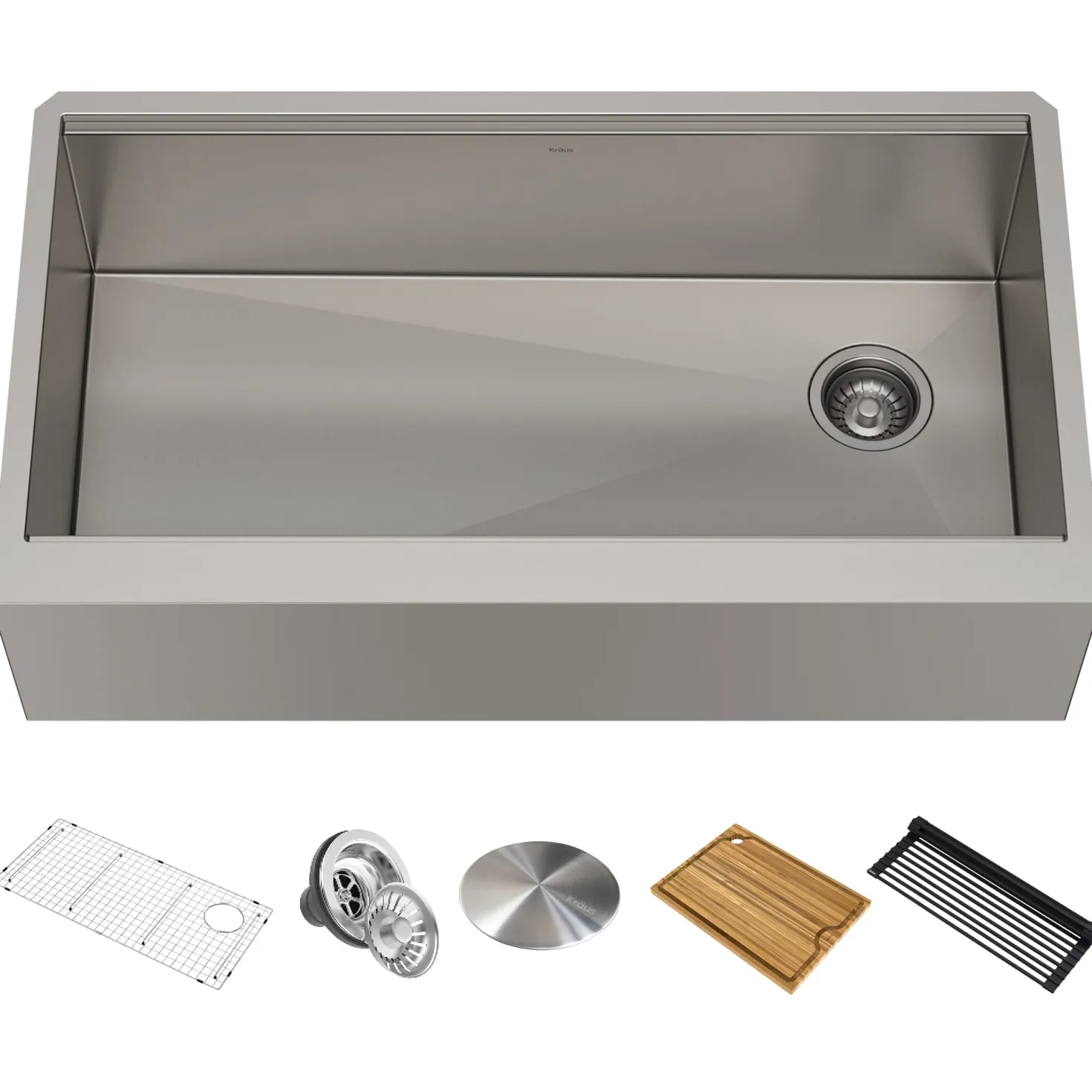 KRAUS Kore Workstation 36" Farmhouse Flat Apron Front 16 Gauge Single Bowl Stainless Steel Kitchen Sink with Accessories