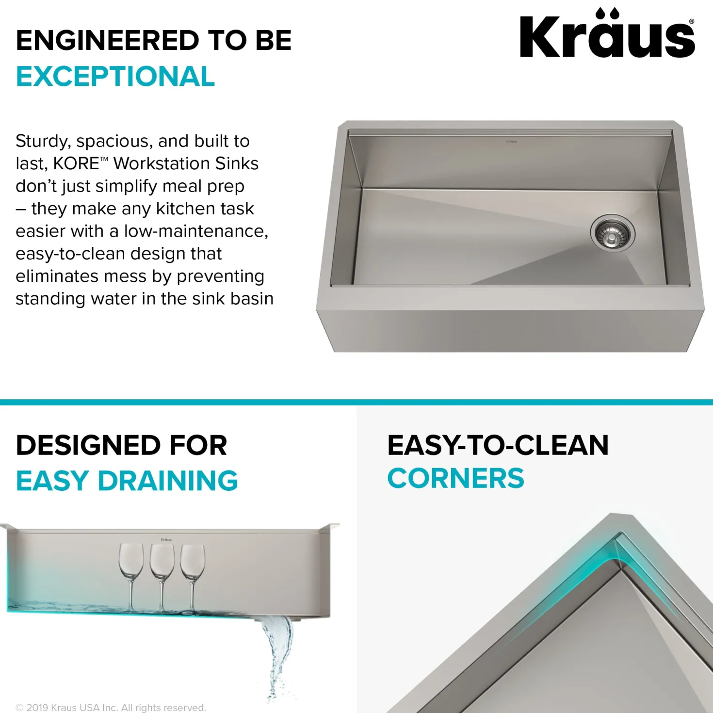 KRAUS Kore Workstation 33" Farmhouse Flat Apron Front 16 Gauge Single Bowl Stainless Steel Kitchen Sink with Accessories