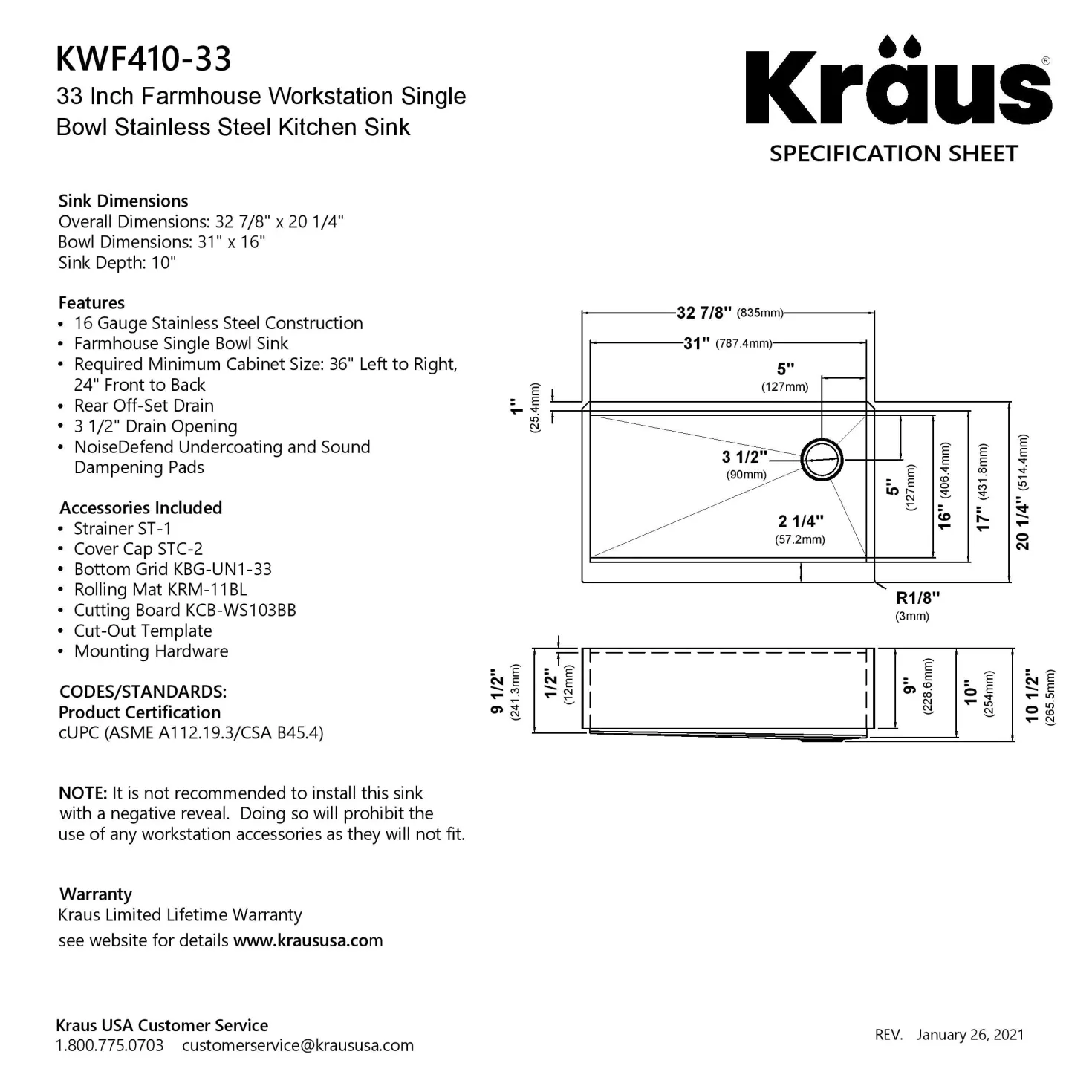 KRAUS Kore Workstation 33" Farmhouse Flat Apron Front 16 Gauge Single Bowl Stainless Steel Kitchen Sink with Accessories