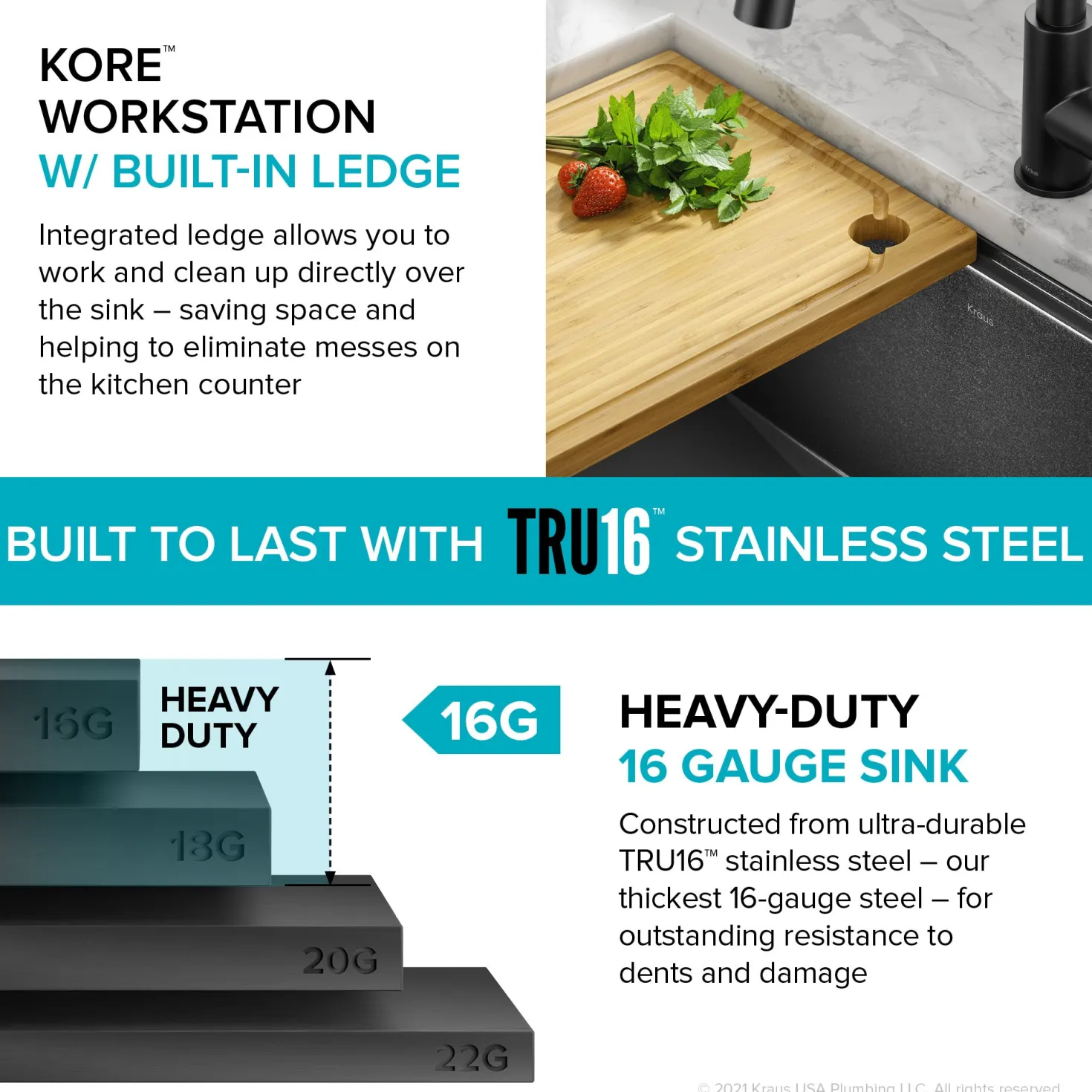 KRAUS Kore Workstation 23" Undermount Kitchen Sink in 16 Gauge PVD Gunmetal