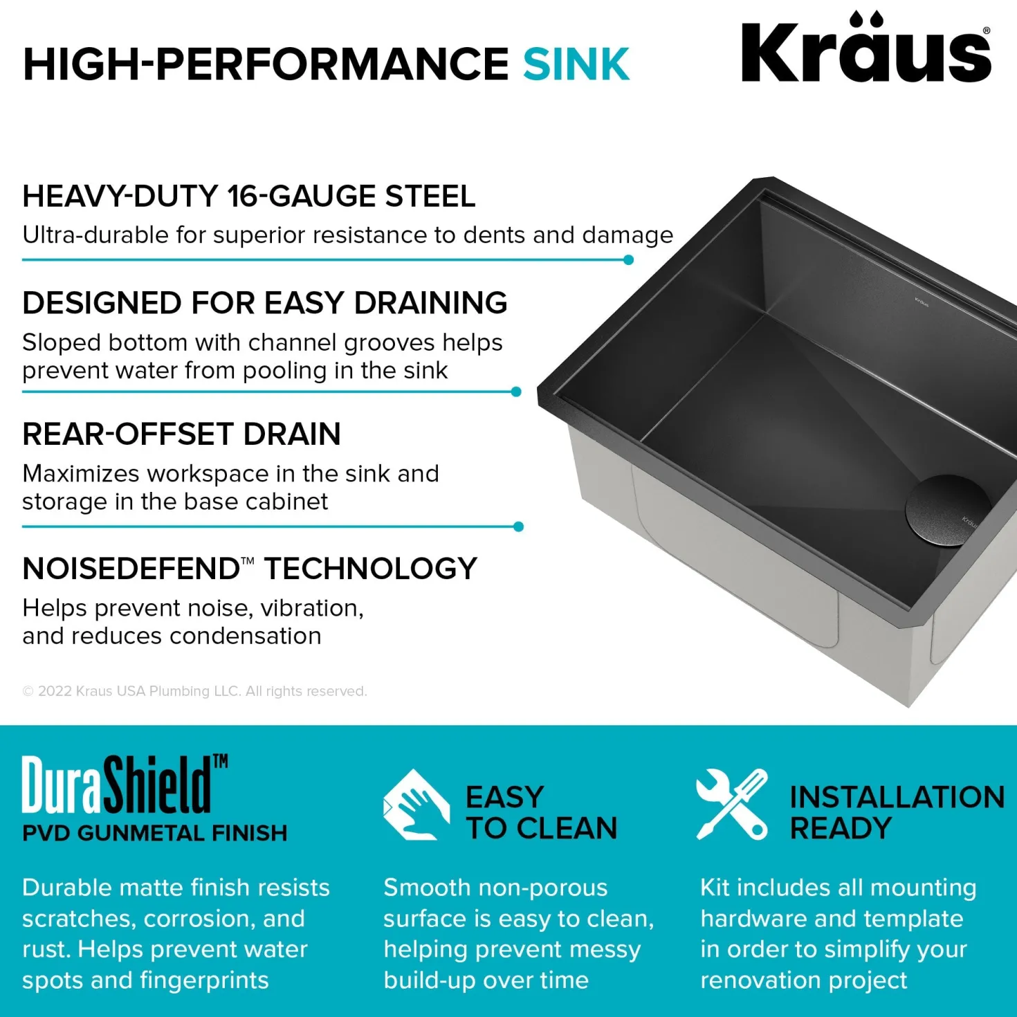 KRAUS Kore Workstation 23" Undermount Kitchen Sink in 16 Gauge PVD Gunmetal