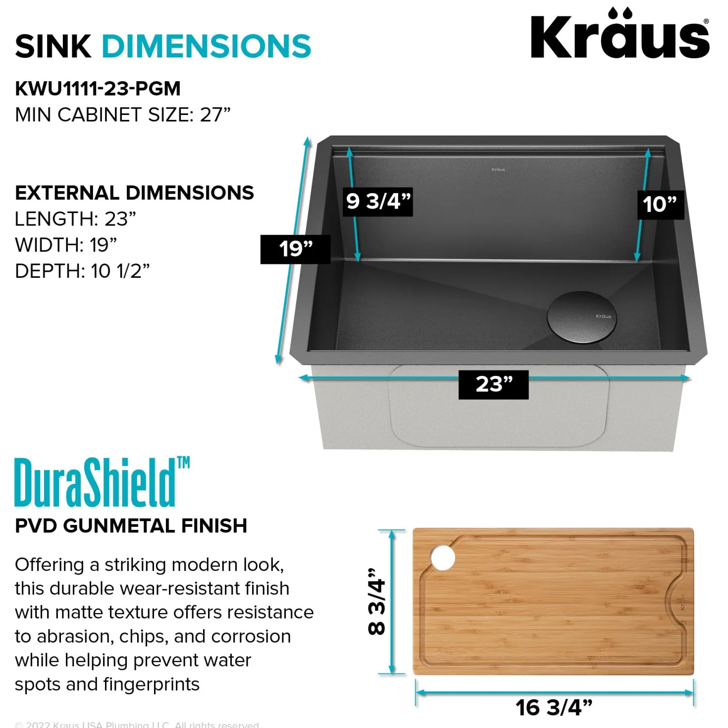 KRAUS Kore Workstation 23" Undermount Kitchen Sink in 16 Gauge PVD Gunmetal