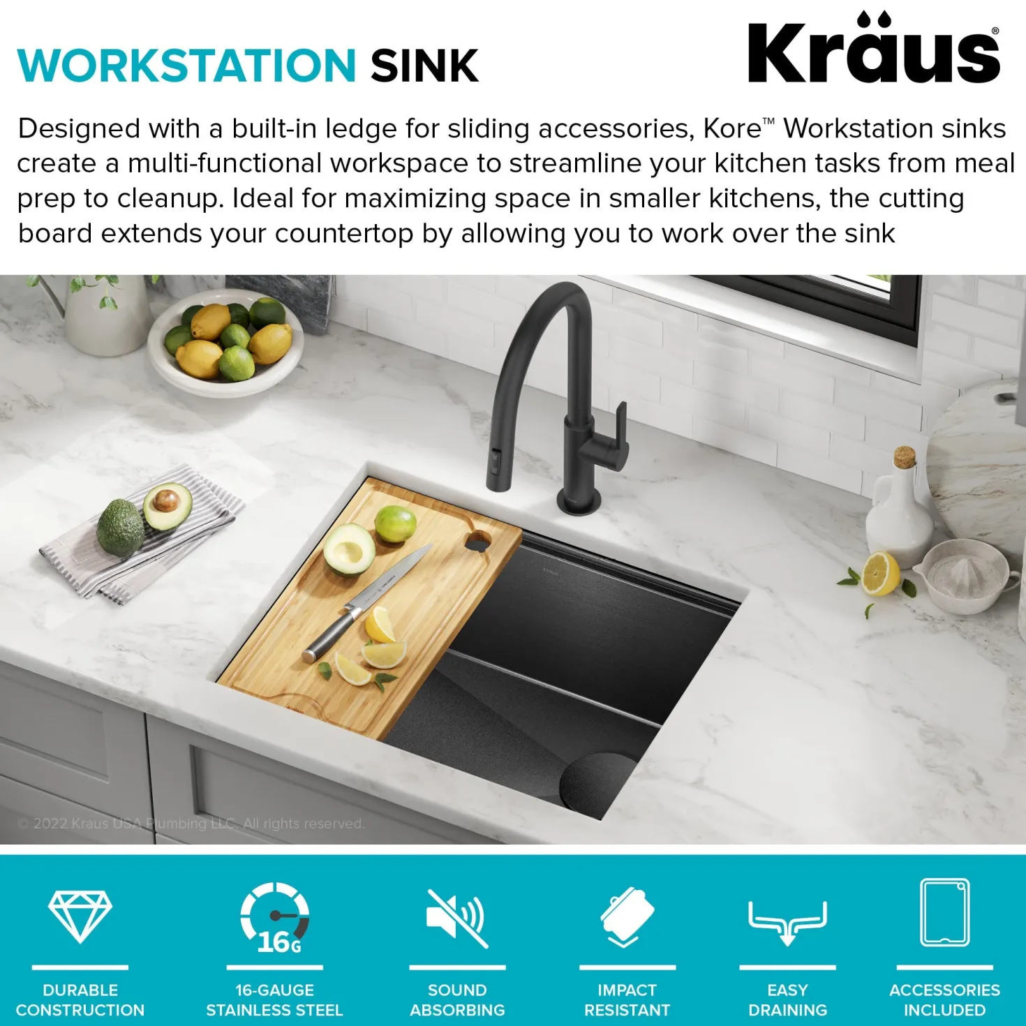 KRAUS Kore Workstation 23" Undermount Kitchen Sink in 16 Gauge PVD Gunmetal