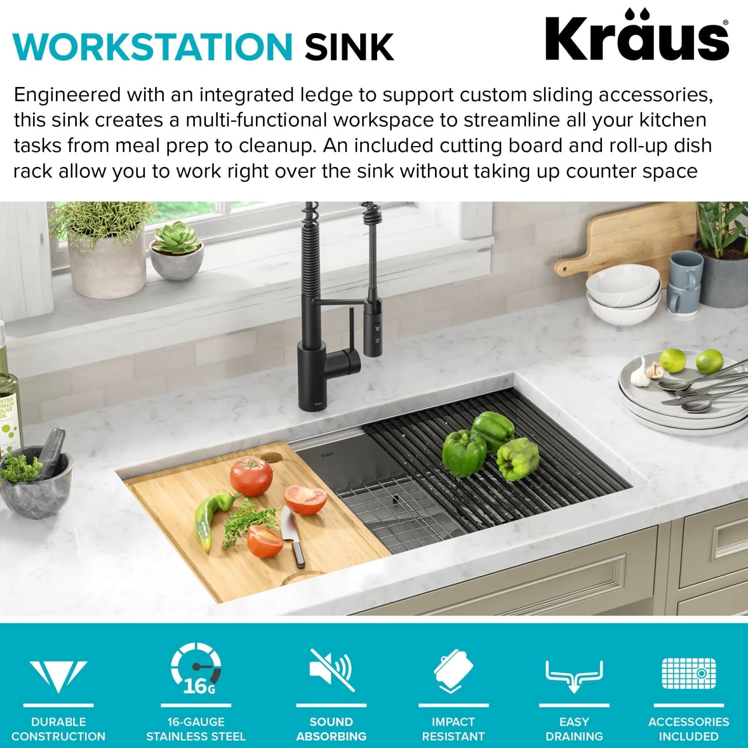KRAUS Kore Workstation 32" Undermount 16 Gauge 5.5" Deep Single Bowl ADA Kitchen Sink