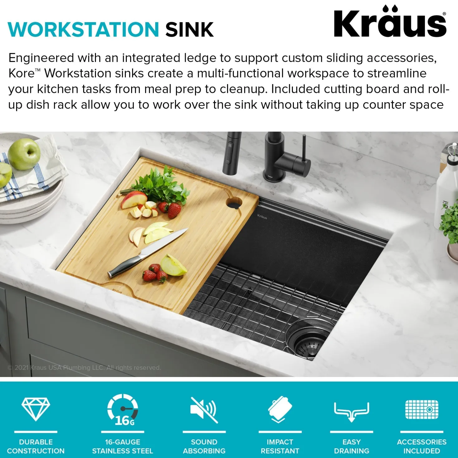 KRAUS Kore Workstation 27" Undermount 16 Gauge Single Bowl Kitchen Sink in PVD Gunmetal