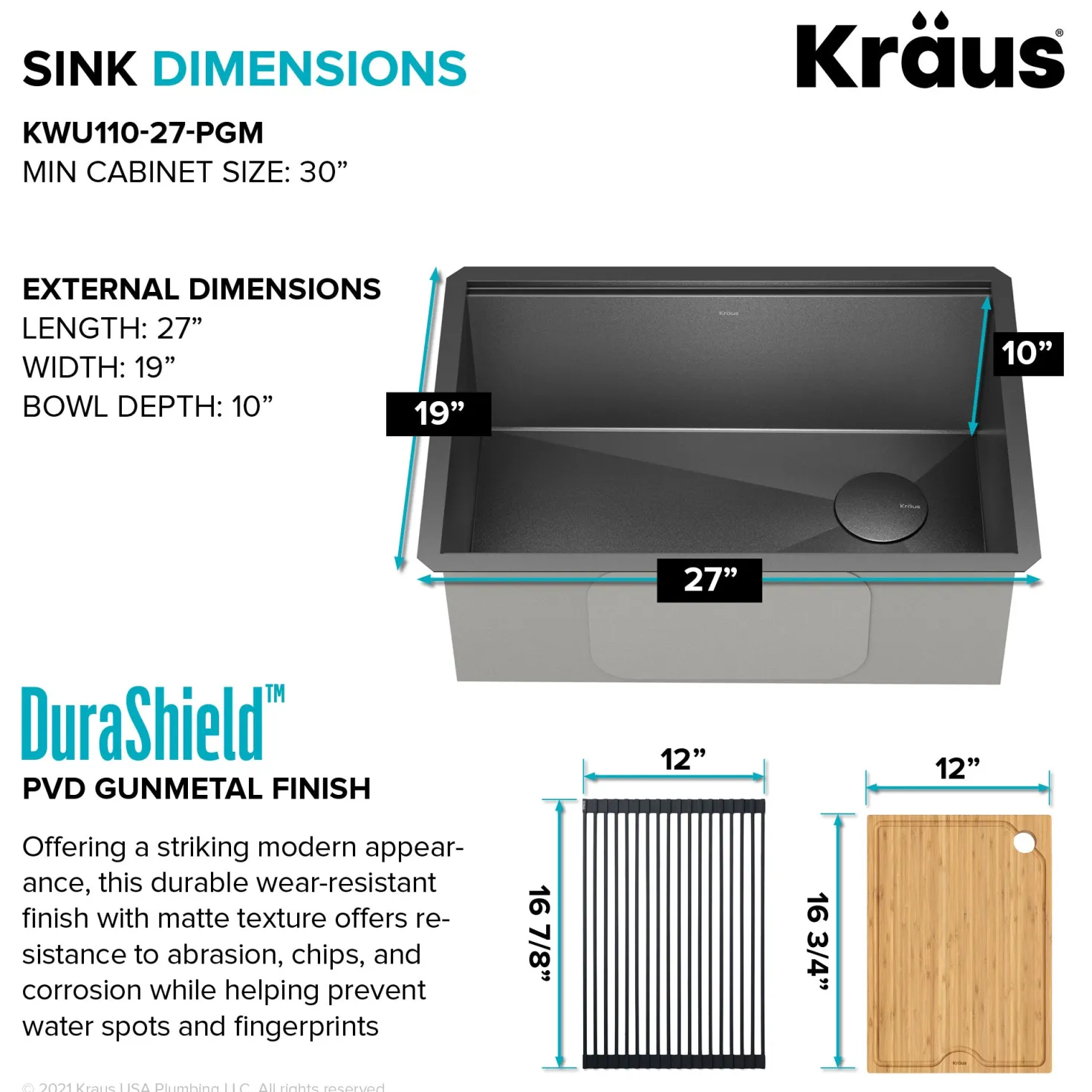 KRAUS Kore Workstation 27" Undermount 16 Gauge Single Bowl Kitchen Sink in PVD Gunmetal