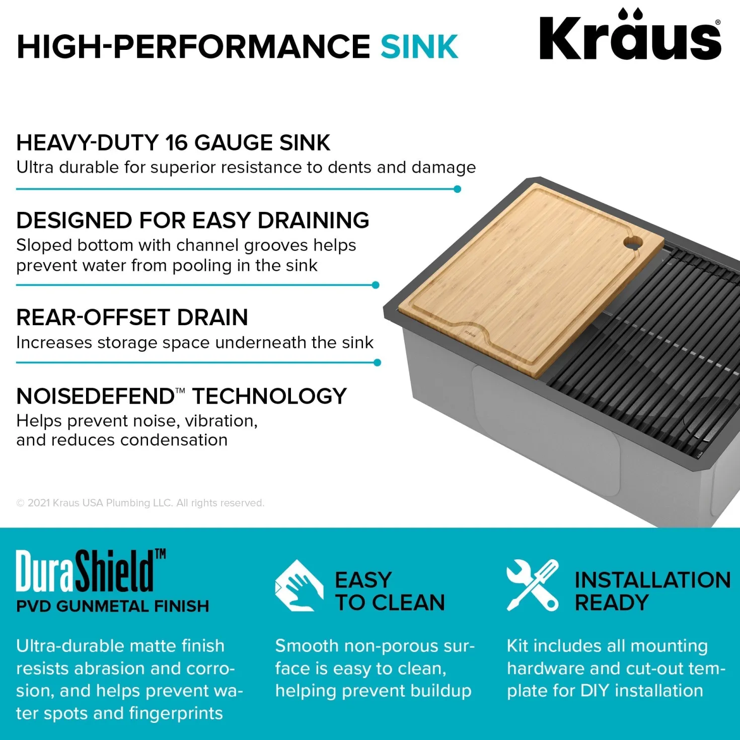 KRAUS Kore Workstation 27" Undermount 16 Gauge Single Bowl Kitchen Sink in PVD Gunmetal