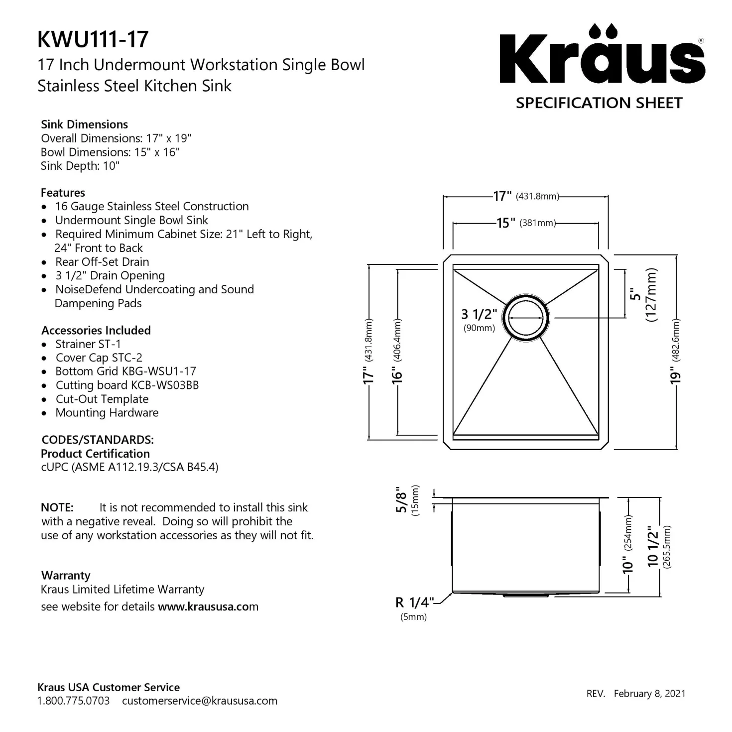 KRAUS Kore Workstation 17" Undermount 16 Gauge Single Bowl Stainless Steel Bar Sink with Accessories