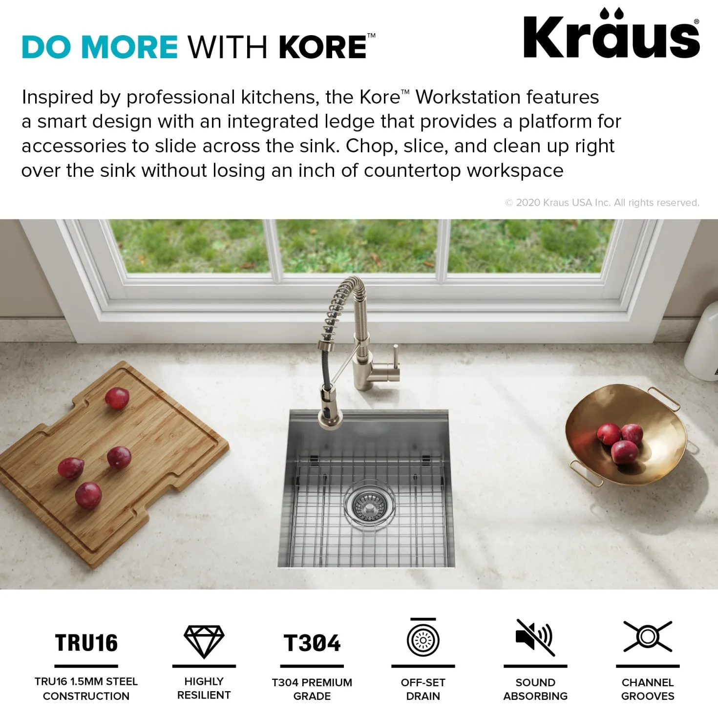 KRAUS Kore Workstation 17" Undermount 16 Gauge Single Bowl Stainless Steel Bar Sink with Accessories