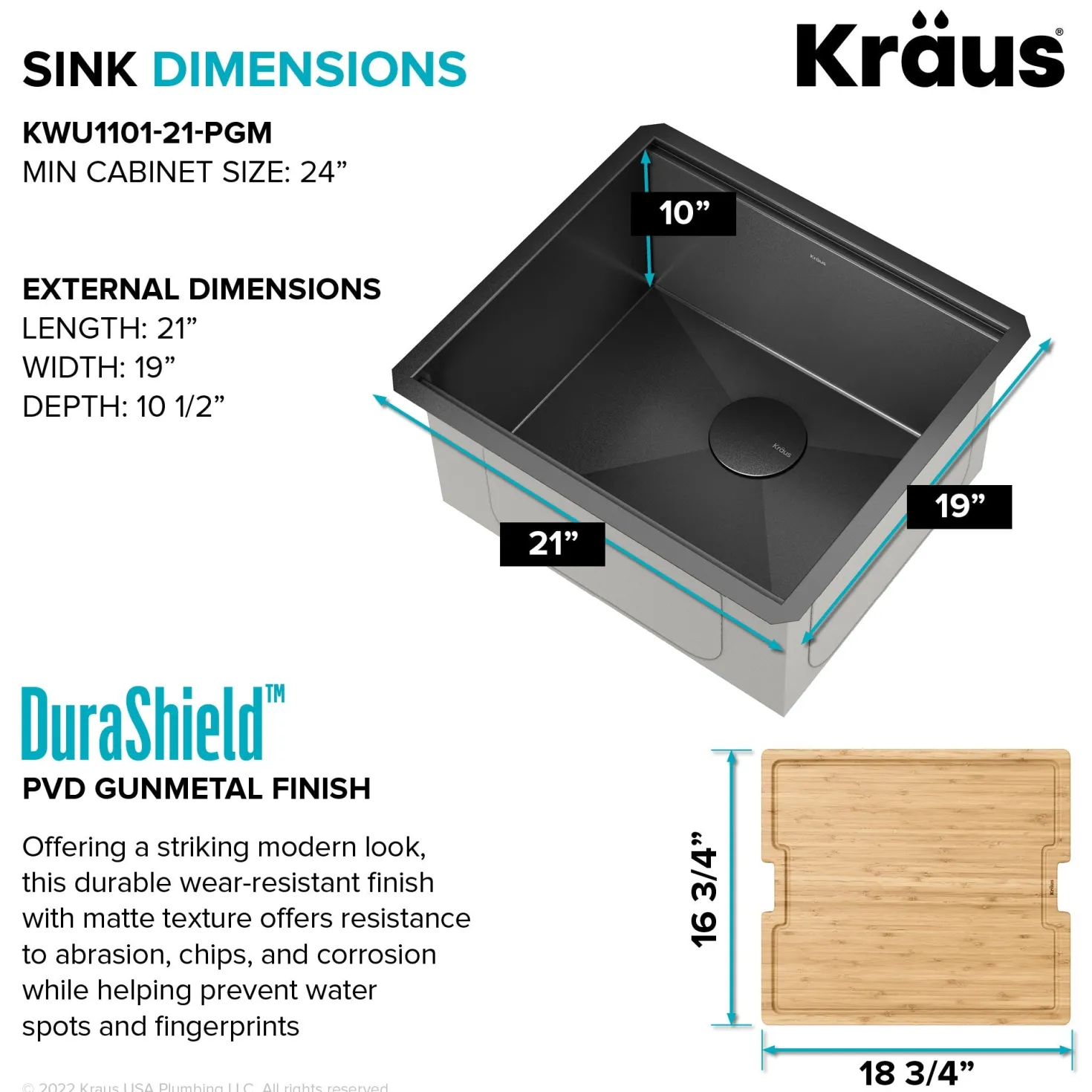 KRAUS Kore Workstation 21" Undermount 16 Gauge Bar or Kitchen Sink in PVD Gunmetal