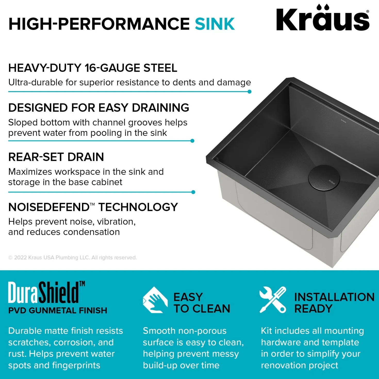 KRAUS Kore Workstation 21" Undermount 16 Gauge Bar or Kitchen Sink in PVD Gunmetal