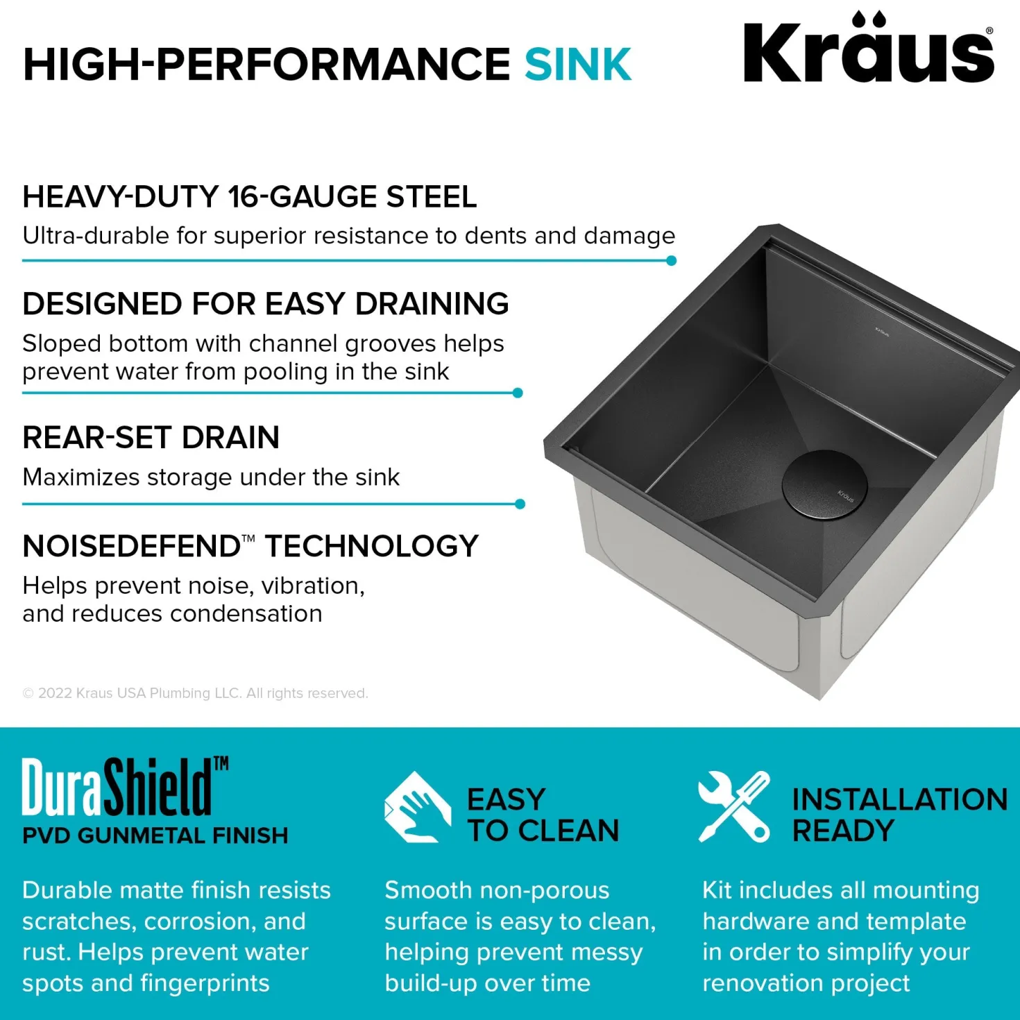 KRAUS Kore Workstation 17" Undermount 16 Gauge Bar or Prep Sink in PVD Gunmetal