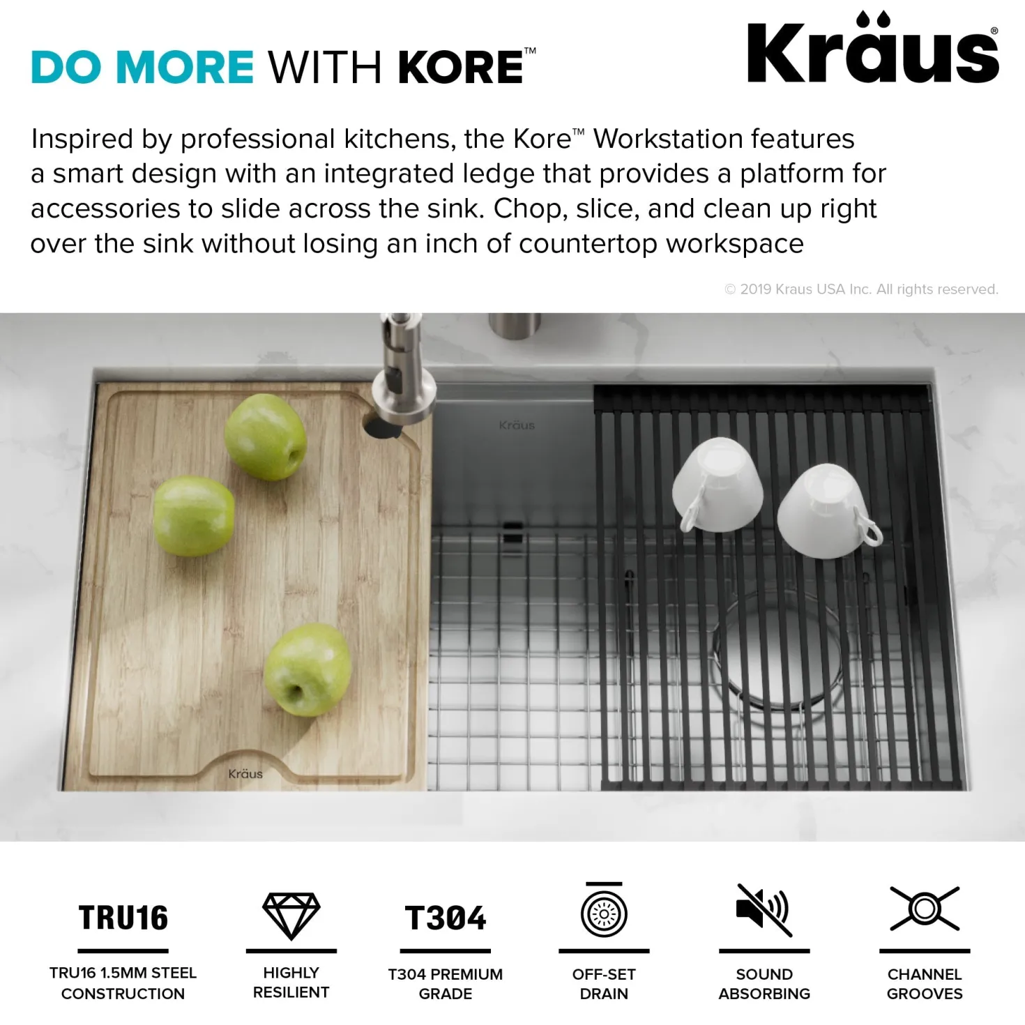 KRAUS Kore Workstation 32" Undermount 16 Gauge Single Bowl Stainless Steel Kitchen Sink with Accessories