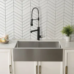 KRAUS 33" Modern Flat Front Farmhouse Stainless Steel Kitchen Sink with Off Center Drain