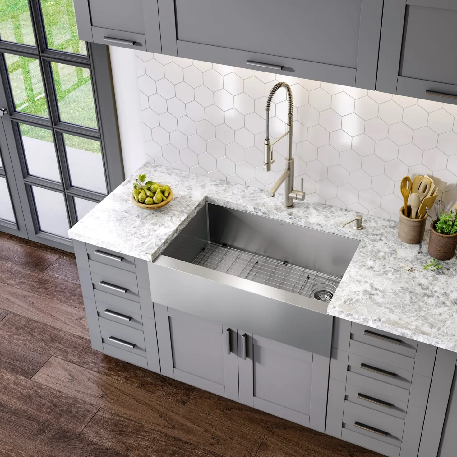 KRAUS 33" Modern Flat Front Farmhouse Stainless Steel Kitchen Sink with Off Center Drain