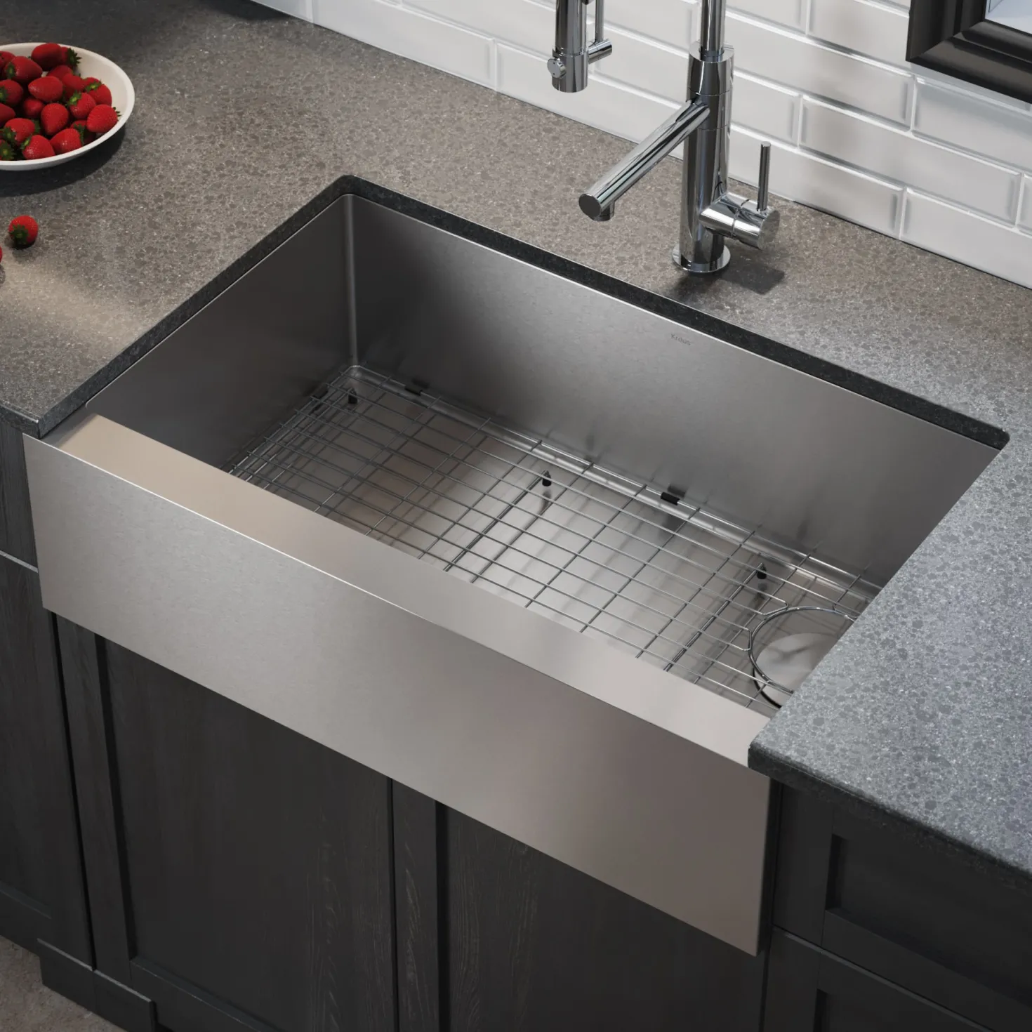 KRAUS 33" Modern Flat Front Farmhouse Stainless Steel Kitchen Sink with Off Center Drain