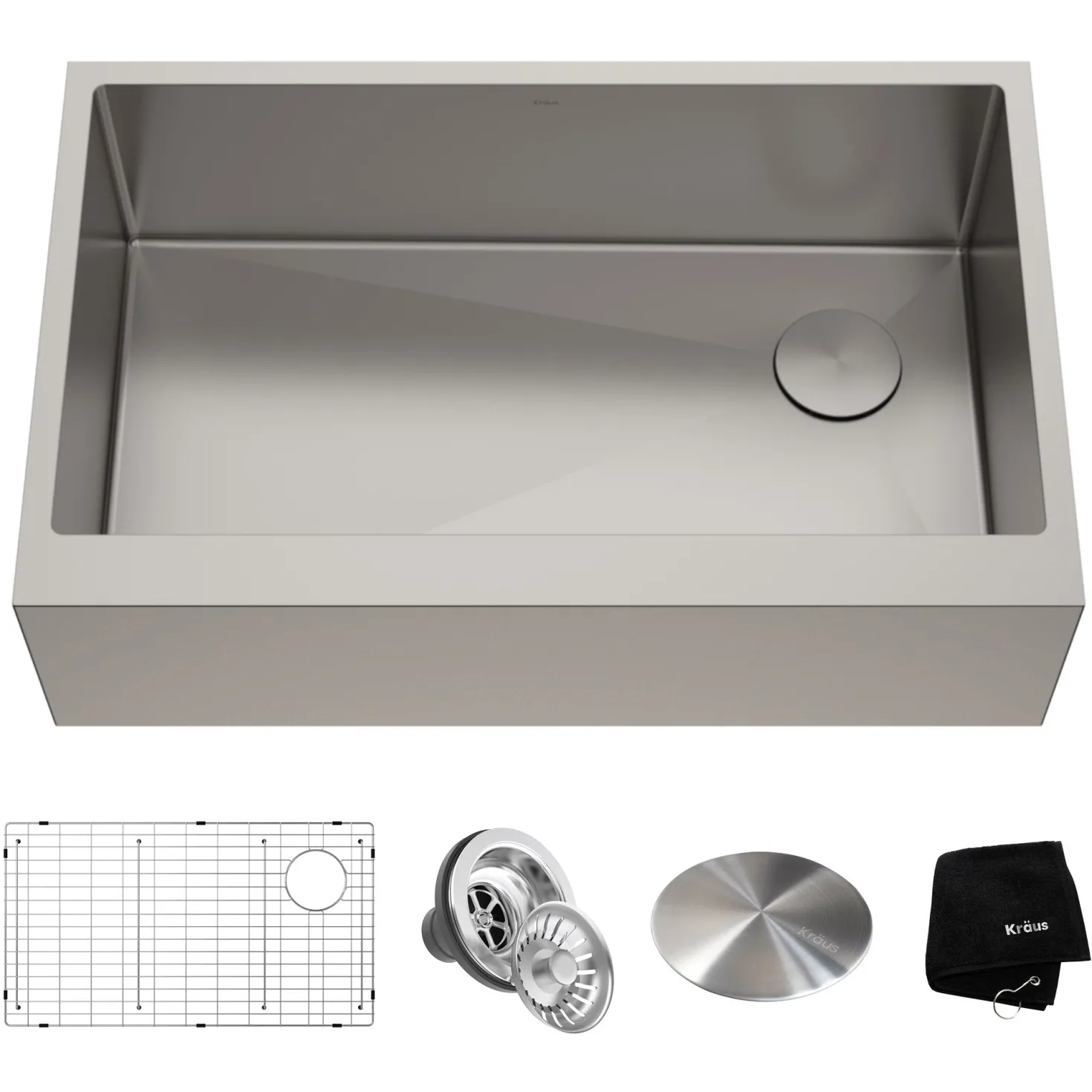 KRAUS 33" Modern Flat Front Farmhouse Stainless Steel Kitchen Sink with Off Center Drain