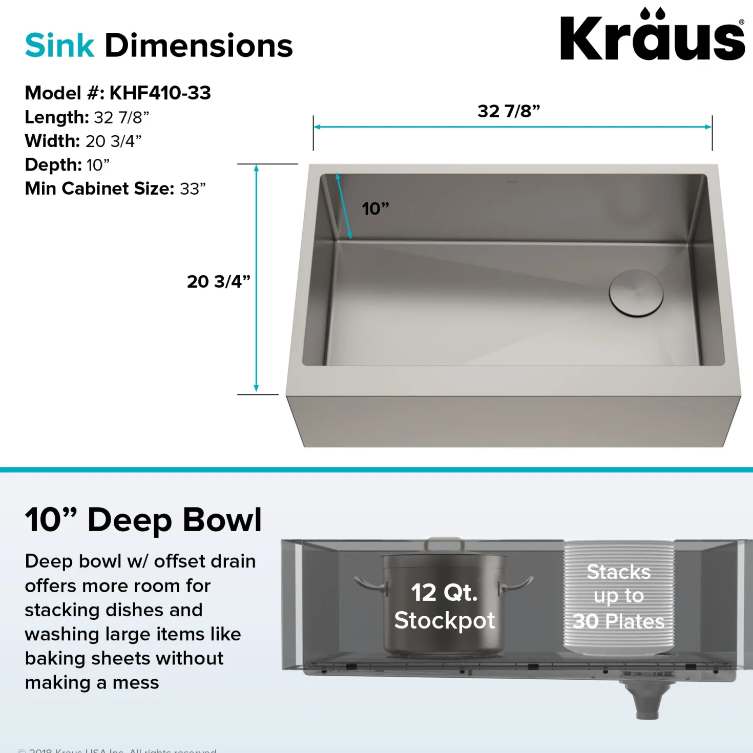 KRAUS 33" Modern Flat Front Farmhouse Stainless Steel Kitchen Sink with Off Center Drain