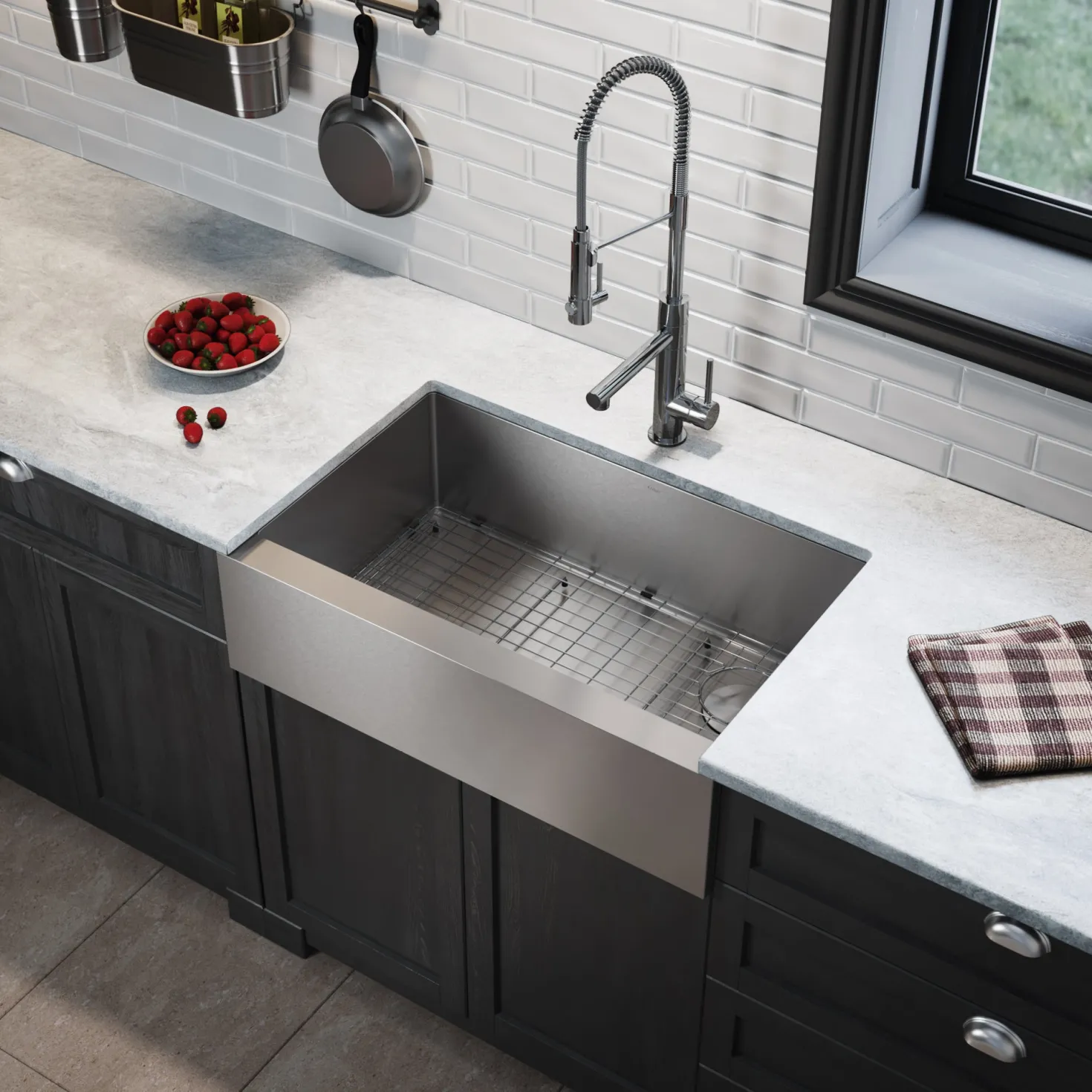 KRAUS 33" Modern Flat Front Farmhouse Stainless Steel Kitchen Sink with Off Center Drain
