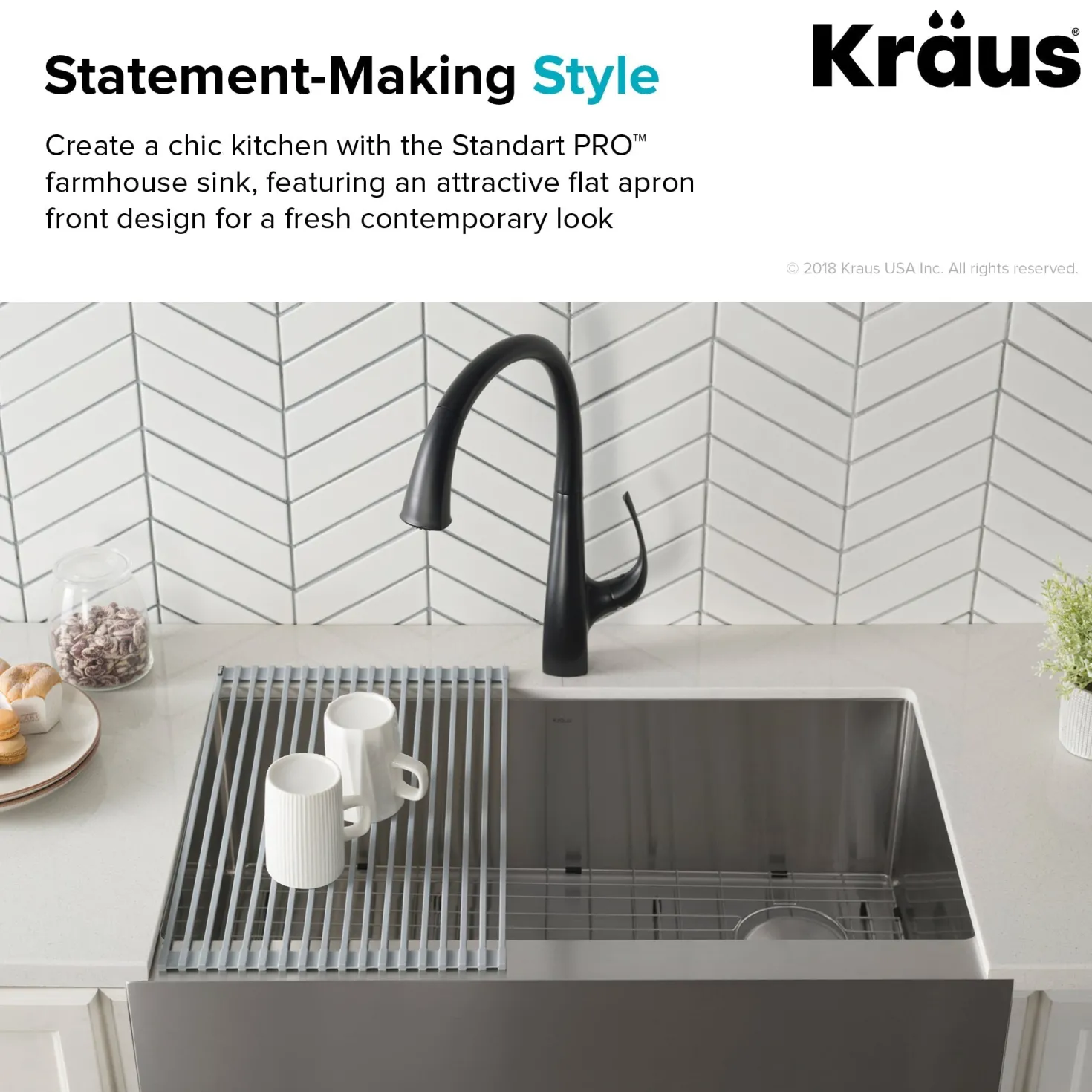 KRAUS 33" Modern Flat Front Farmhouse Stainless Steel Kitchen Sink with Off Center Drain