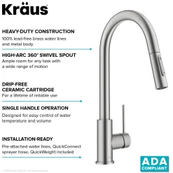 KRAUS New Oletto Contemporary Single Handle Pull Down Kitchen Faucet in Spot Free Stainless Steel