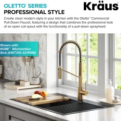 KRAUS Oletto Commercial Style Pull-Down Single Handle Kitchen Faucet in Brushed Brass