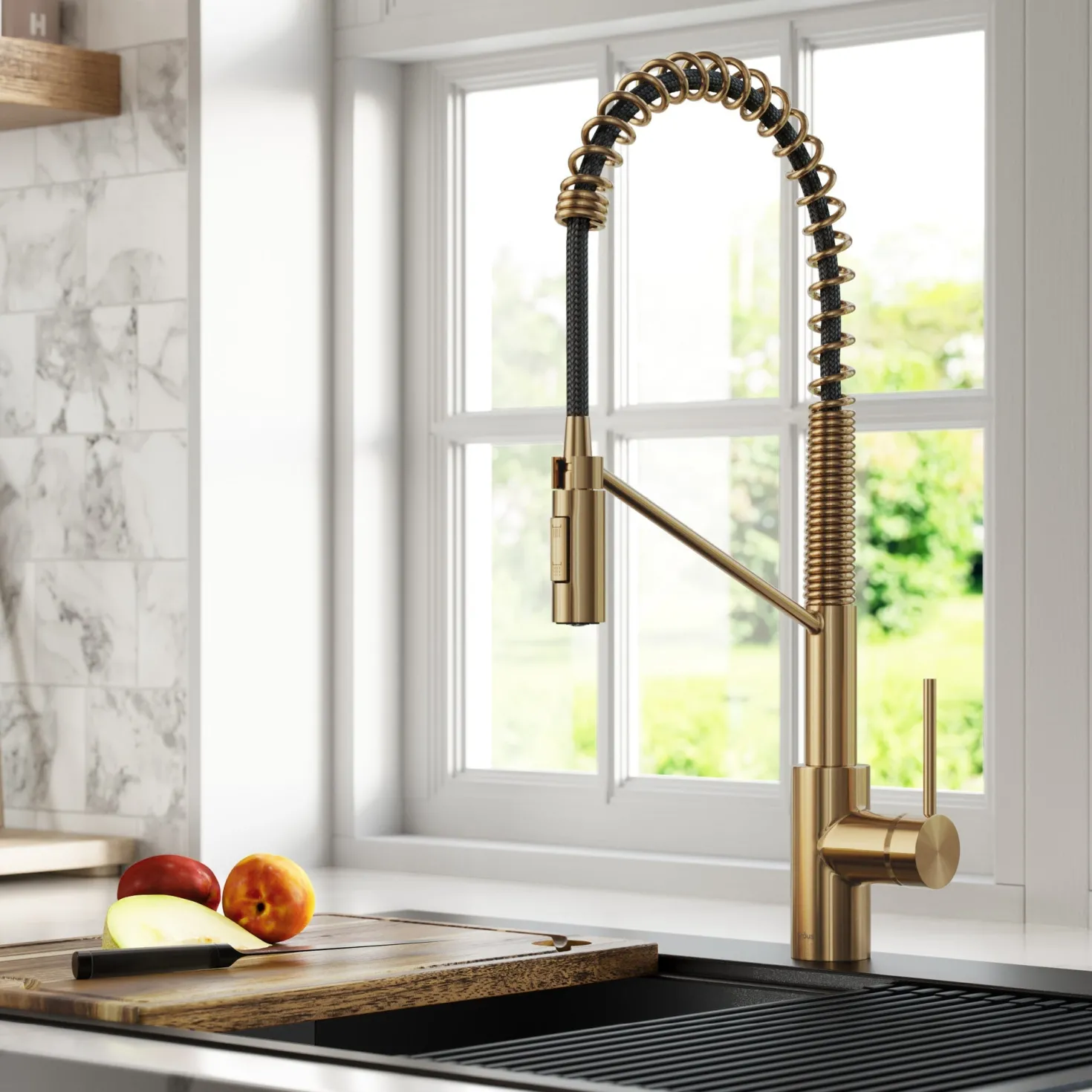 KRAUS Oletto Commercial Style Pull-Down Single Handle Kitchen Faucet in Brushed Brass