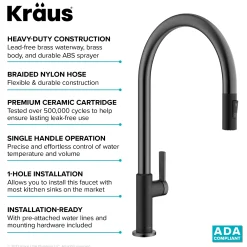KRAUS Oletto High-Arc Matte Black & Black Stainless Steel Pull-Down Kitchen Faucet