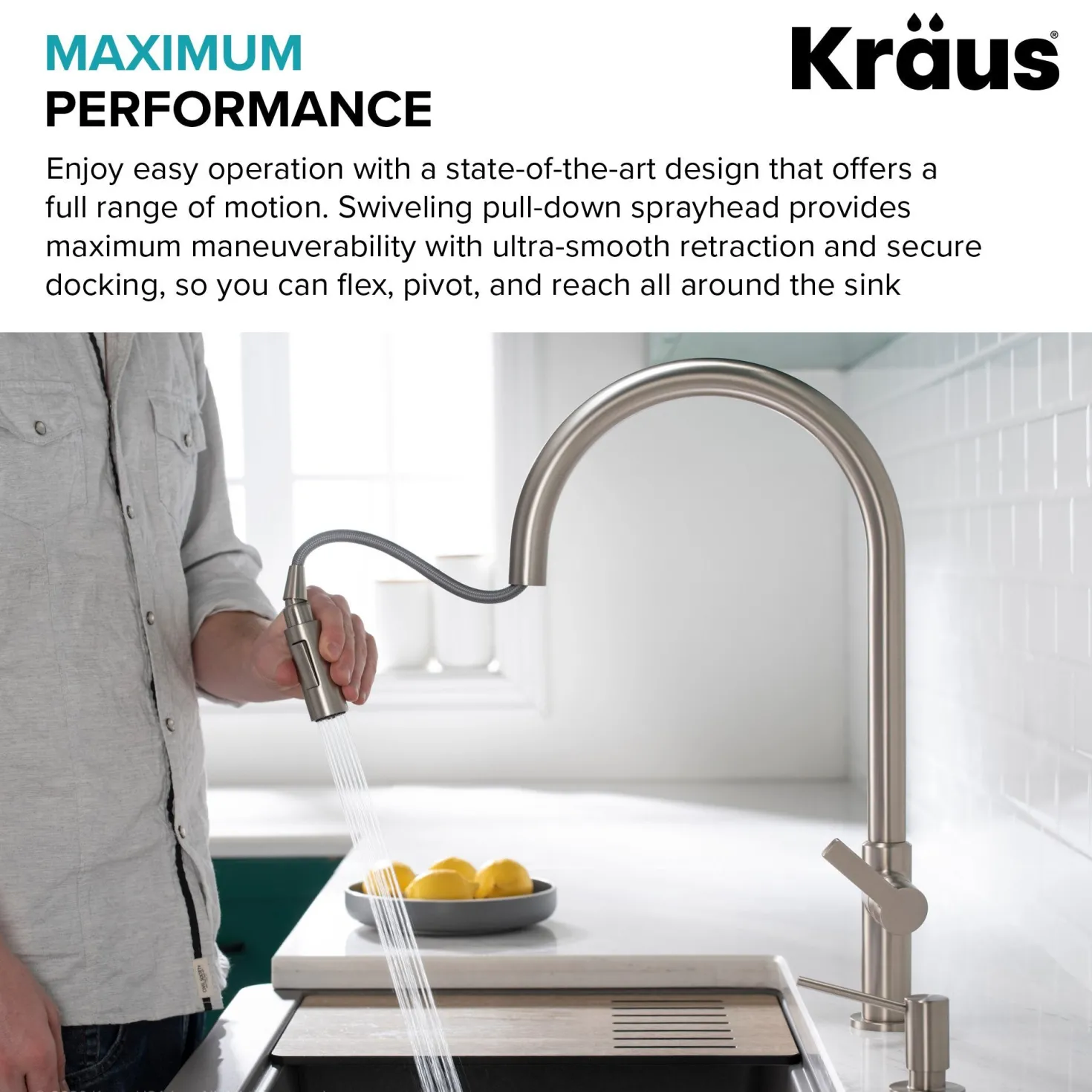 KRAUS Oletto High-Arc Single Handle Pull-Down Kitchen Faucet in Brushed Brass