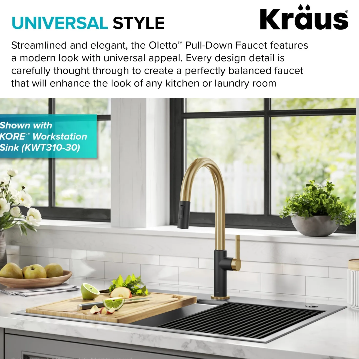 KRAUS Oletto Single Handle Brushed Brass & Matte Black Pull-Down Kitchen Faucet
