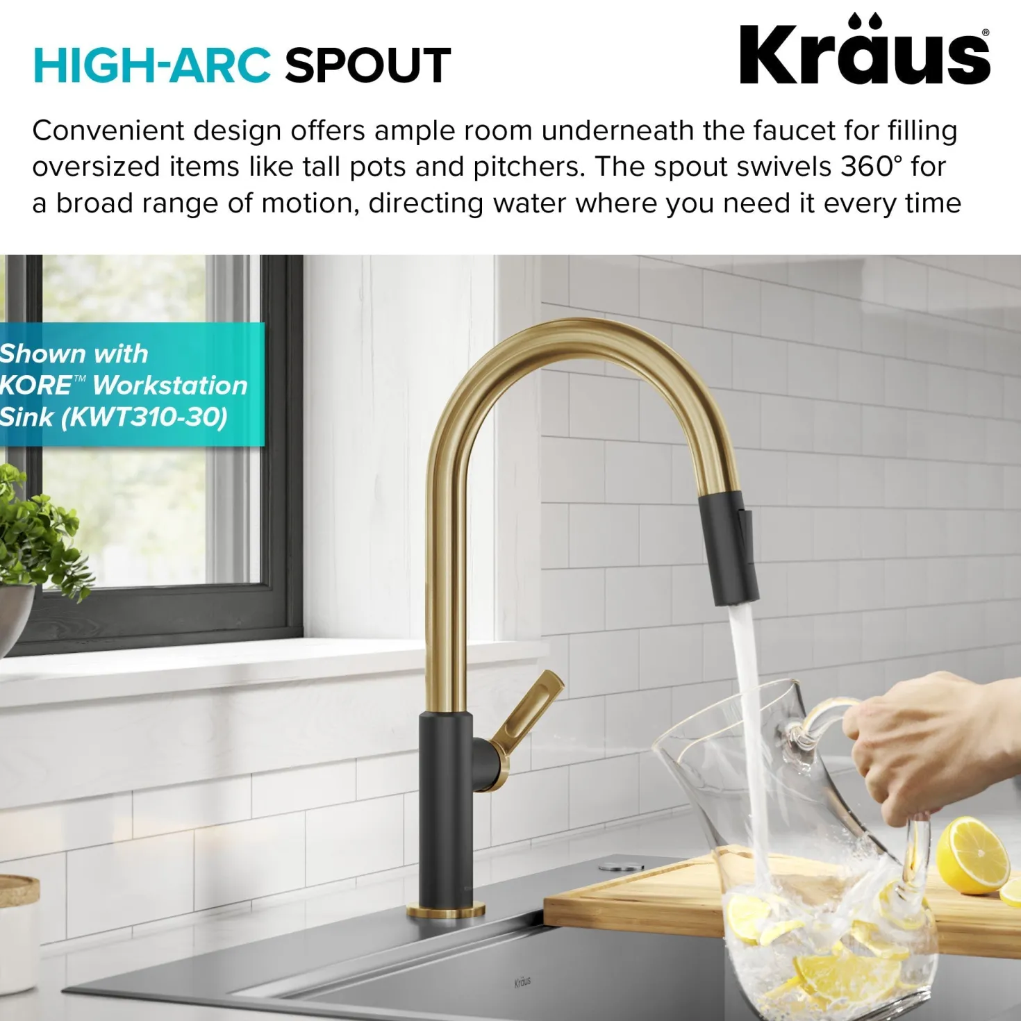 KRAUS Oletto Single Handle Brushed Brass & Matte Black Pull-Down Kitchen Faucet