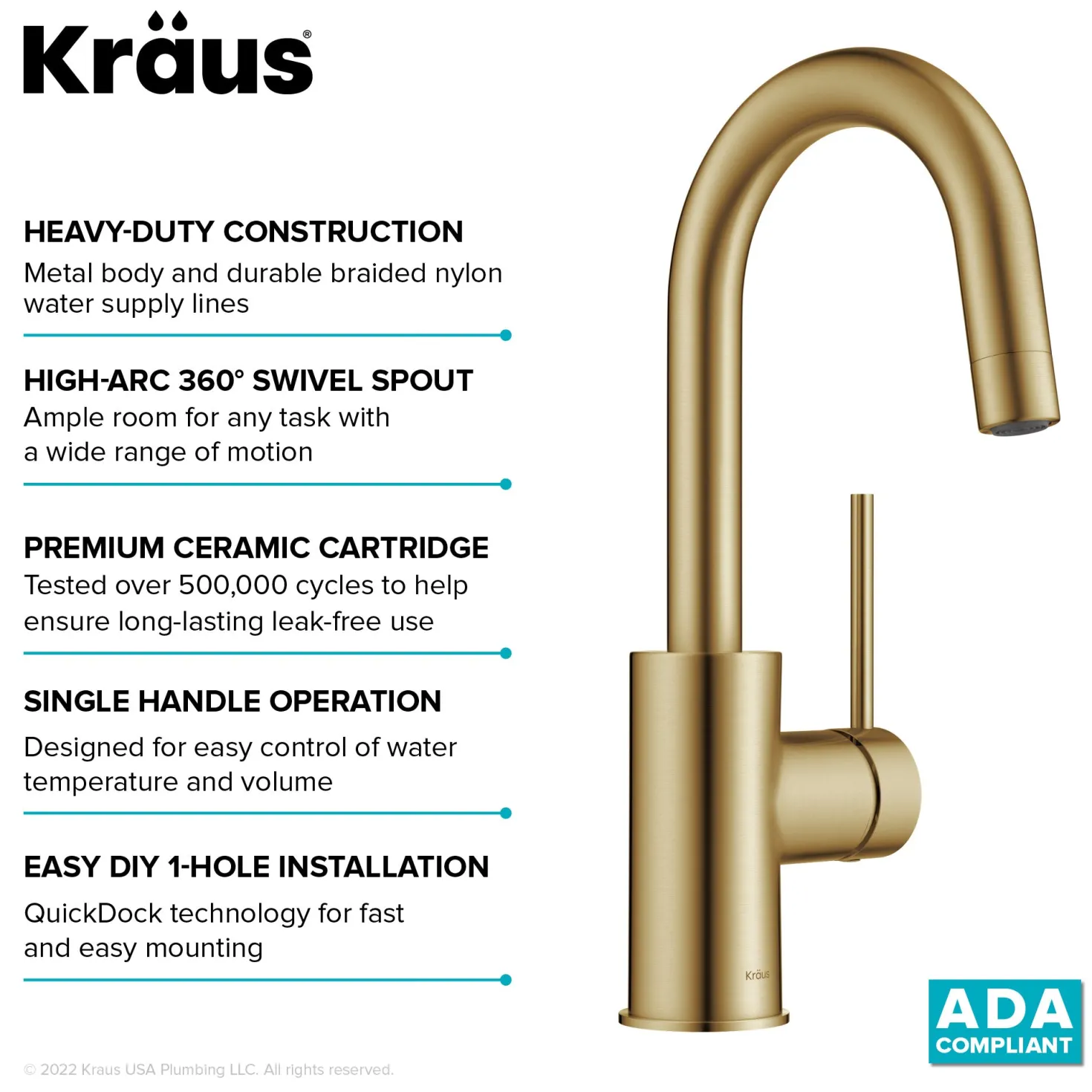 KRAUS Oletto Single Handle Kitchen Bar Faucet in Brushed Brass