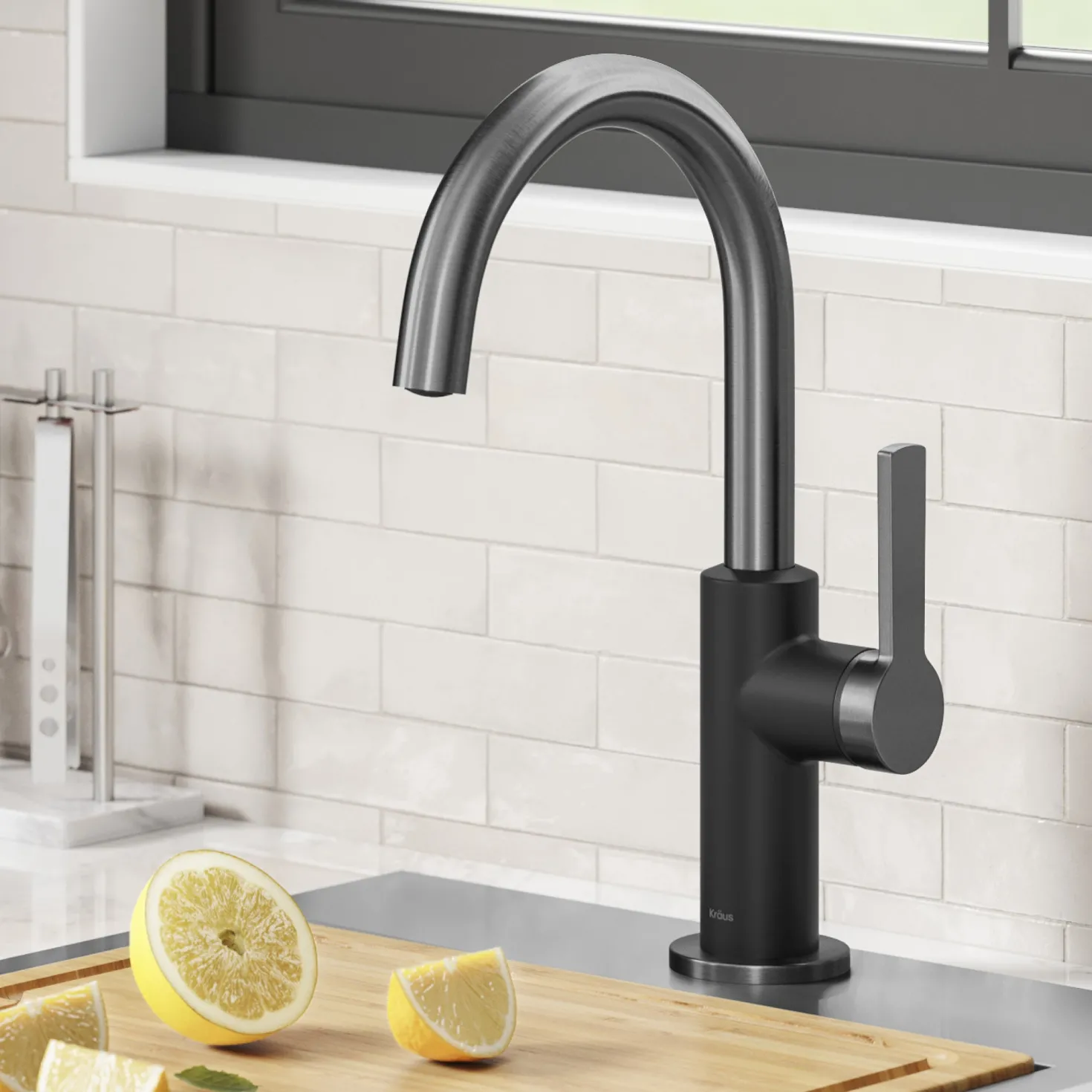 KRAUS Oletto Single Handle Matte Black & Black Stainless Steel Kitchen Bar Faucet