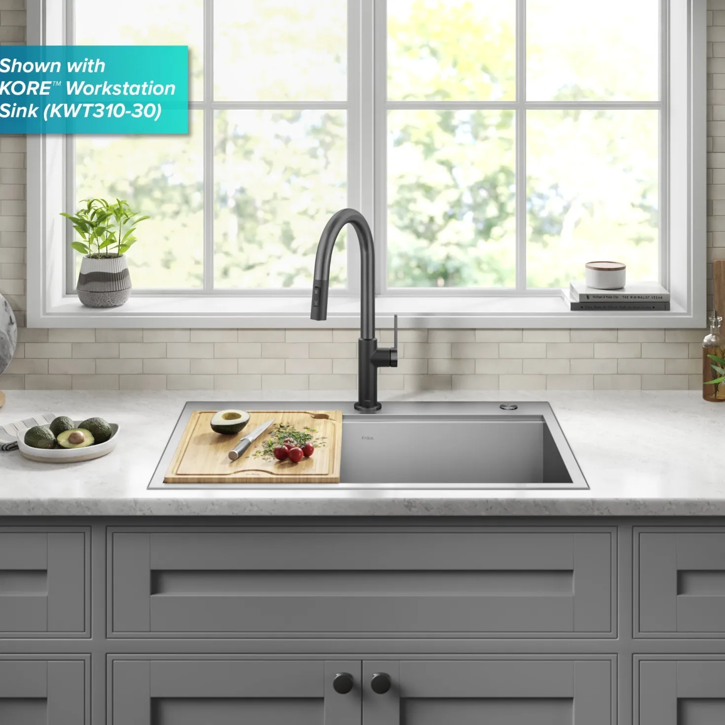 KRAUS Oletto Single Handle Matte Black & Black Stainless Steel Pull-Down Kitchen Faucet