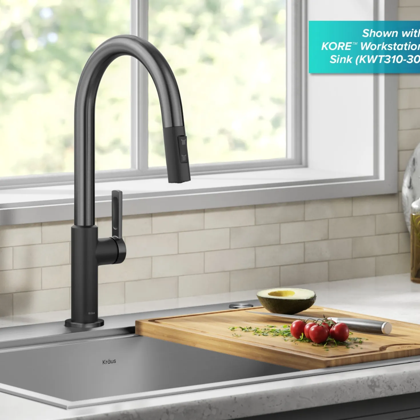 KRAUS Oletto Single Handle Matte Black & Black Stainless Steel Pull-Down Kitchen Faucet